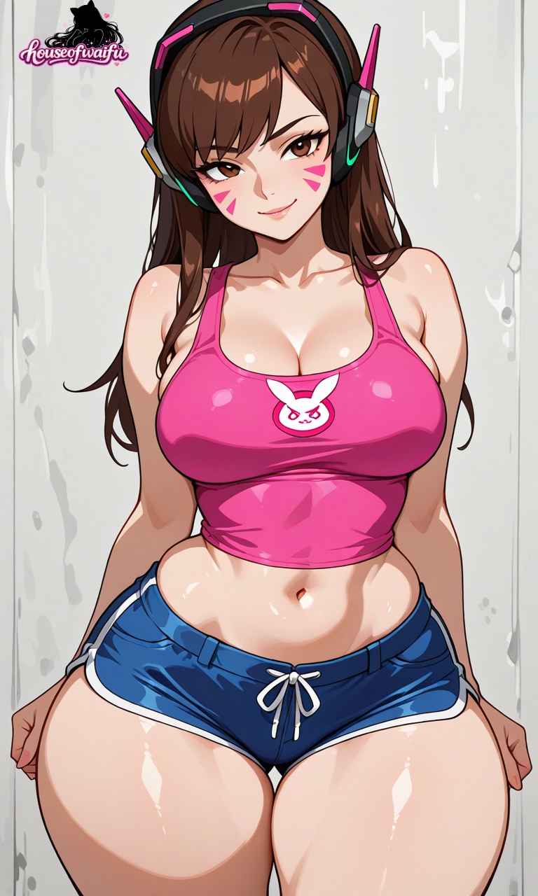 ai art, ai generated, ai-created, blizzard entertainment, brown eyes, brown hair, confident, curvaceous, curvy, curvy figure, d.va, female, female only, hana song, houseofwaifu, long hair, overwatch, seductive, seductive look, seductive smile, shorts, slim waist, tank top, thick thighs, thighs, tiny waist