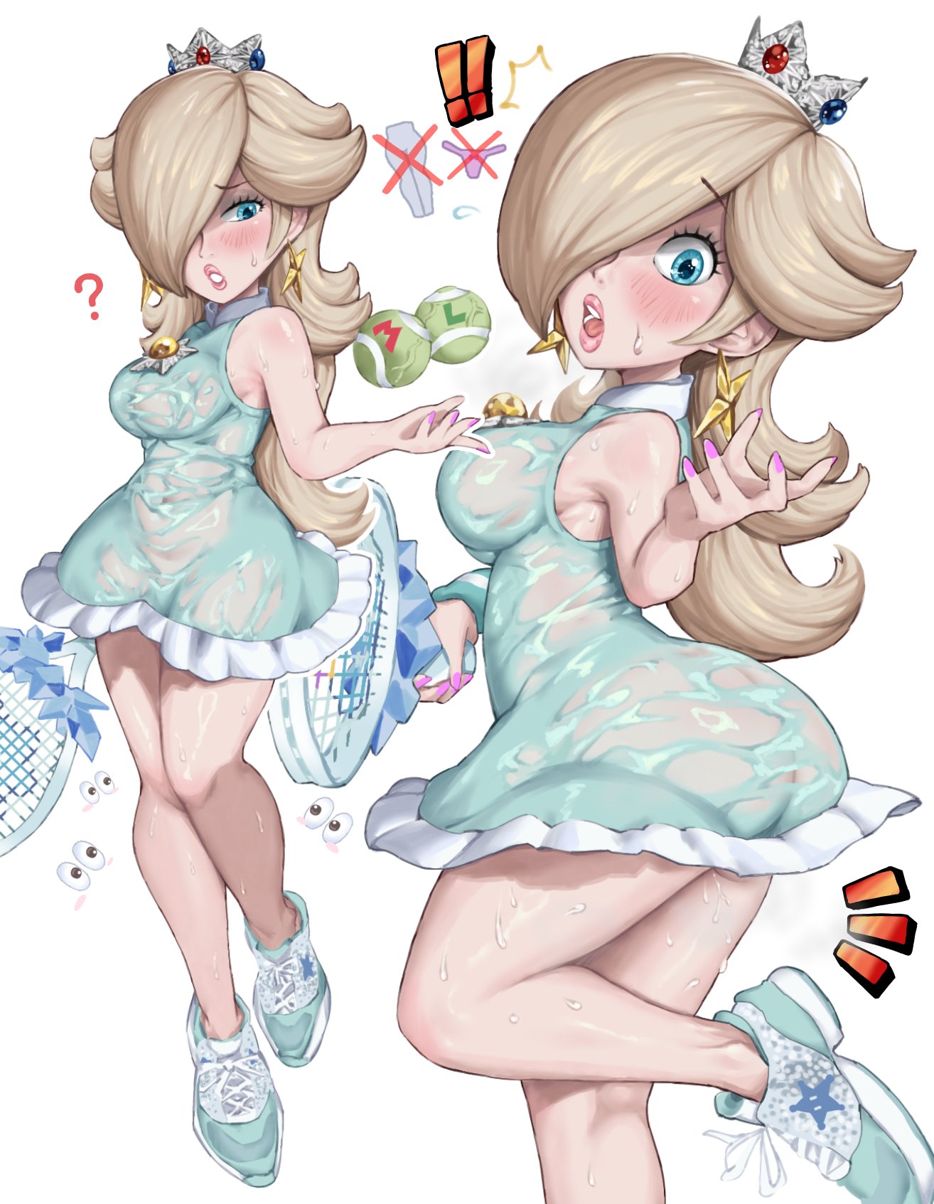 big ass, blonde female, blonde hair, blue eyes, butt crack, crown, earrings, embarrassed, embarrassed expression, exclamation point, large ass, mario (series), mario tennis, mario tennis fever, medium breasts, nail polish, nails painted, nintendo, no bra, no panties, no underwear, pink nail polish, princess rosalina, question mark, racket, rosalina, see-through, see-through clothing, sideboob, silver crown, star, star earrings, surprised, surprised expression, sweat, sweatdrop, sweating, sweaty, sweaty body, tennis ball, tennis outfit, tennis shoes, tennis uniform, wet body, wet clothes, wet clothing, wet skin, yamino ekakinin