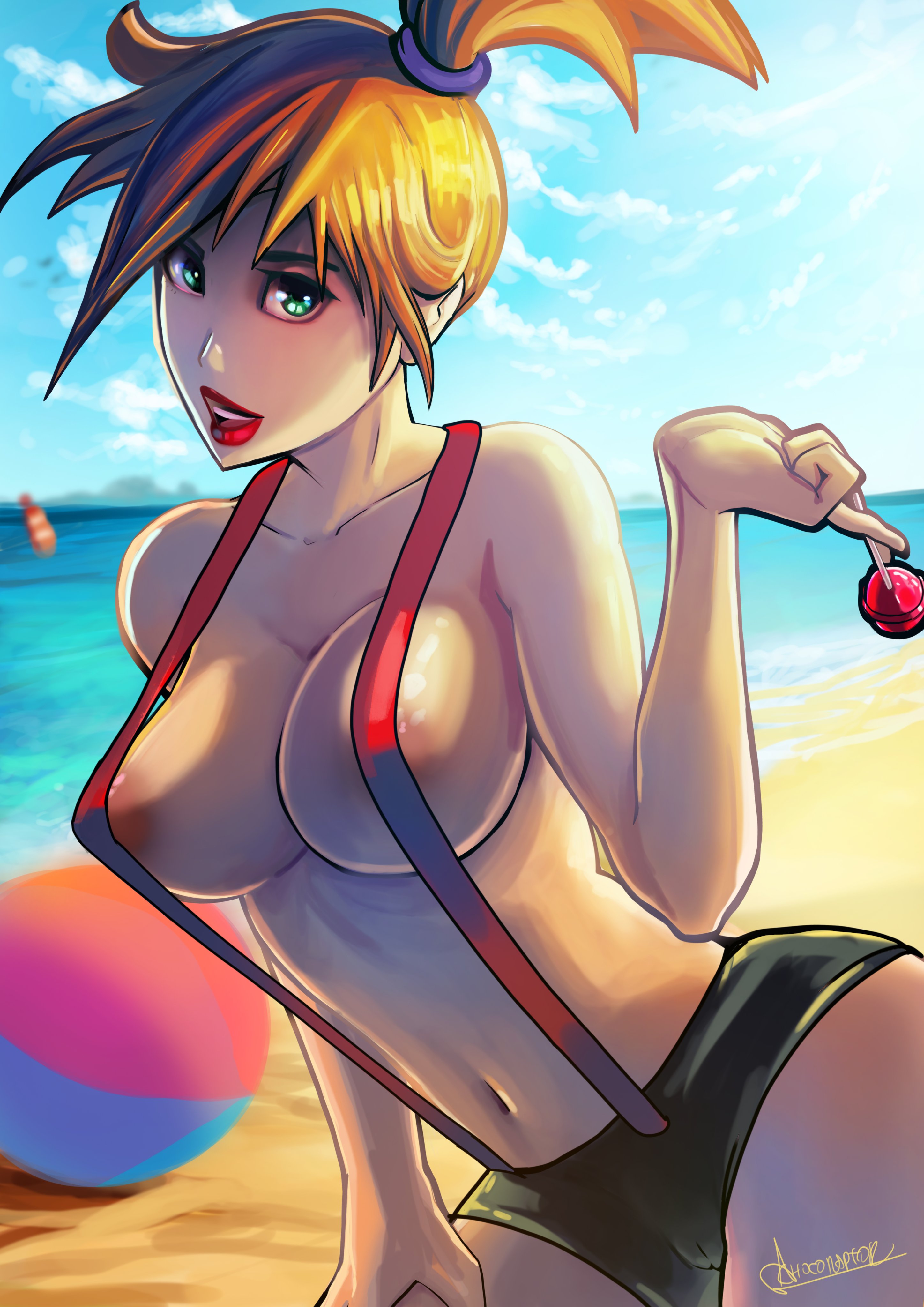 1girls, abs, aged up, alternate breast size, armpits, beach, beach ball, big breasts, breasts, cameltoe, clothes, female, green eyes, human, kasumi (pokemon), large breasts, lips, lollipop, nintendo, nipples, orange hair, pokemon, pokemon rgby, pussy, shorts, solo, suspenders, text, topless, watermark
