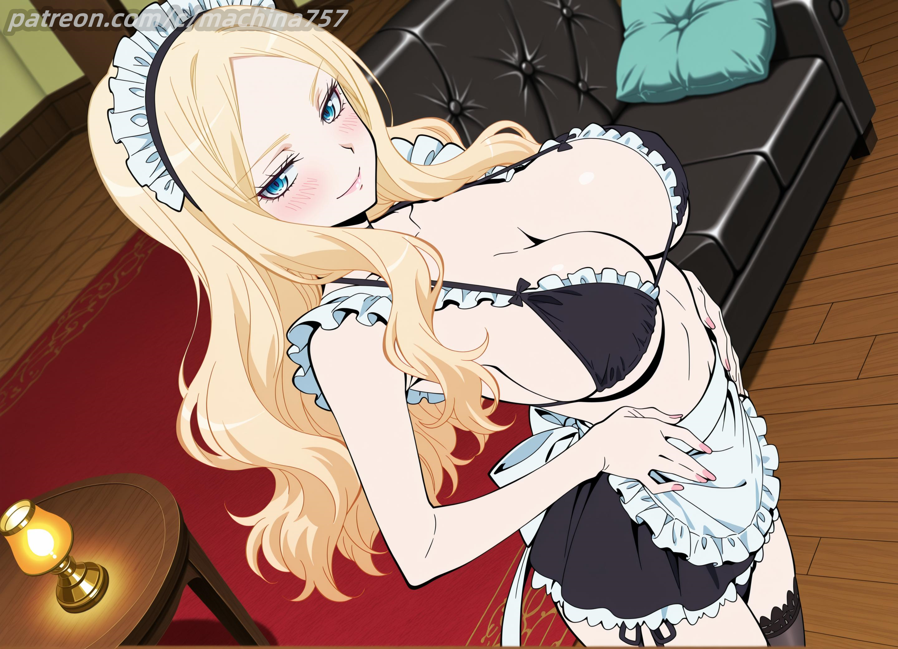 ai generated, assassination classroom, blonde hair, blush, huge breasts, irina jelavic, machina ai, maid bikini, mature female, milf, standing