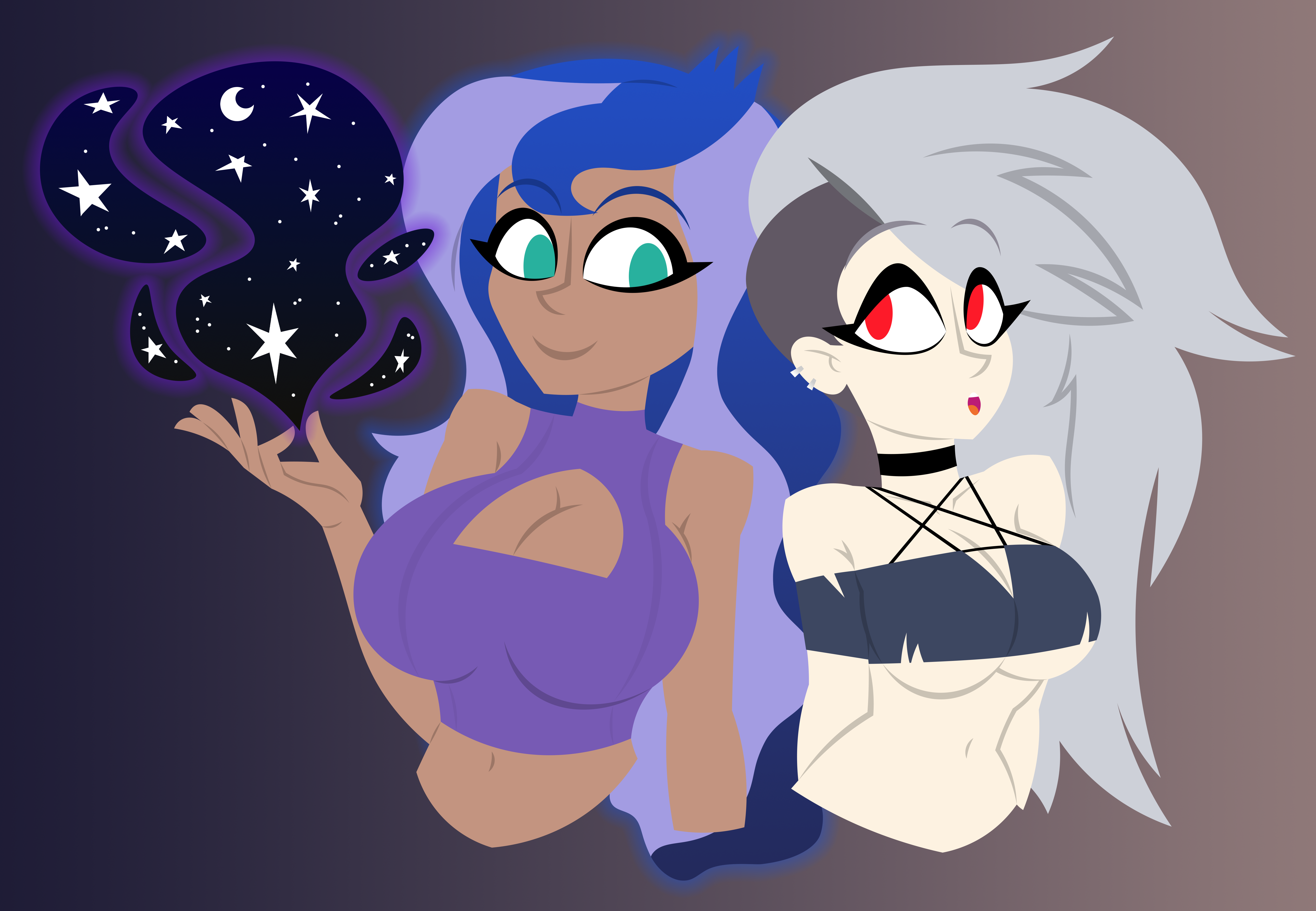 2026, 2d, 2d (artwork), 2d artwork, 2girls, big breasts, blue hair, blue hair female, blue-haired female, breasts, choker, cleavage, cleavage cutout, cleavage window, clothed, clothed female, clothing, crop top, ear clamps, ear clip, egor418, equestria girls, eyeliner, female, female focus, female only, fully clothed, fully clothed female, green eyes, green eyes female, green-eyed female, half-shaved hair, helluva boss, human loona, light skin, light-skinned female, loona (helluva boss), mage, magic, magic user, mascara, multicolored hair, my little pony, name connection, purple hair, purple hair female, purple-haired female, red eyes, red eyes female, red-eyed female, sfw, silver hair, silver hair female, silver-haired female, softcore, solo, solo female, solo focus, spindlehorse toons, tan body, tan skin, tan-skinned female, upper, upper body, upper body focus, upper body only, vice principal luna, vivienne medrano, vivziepop