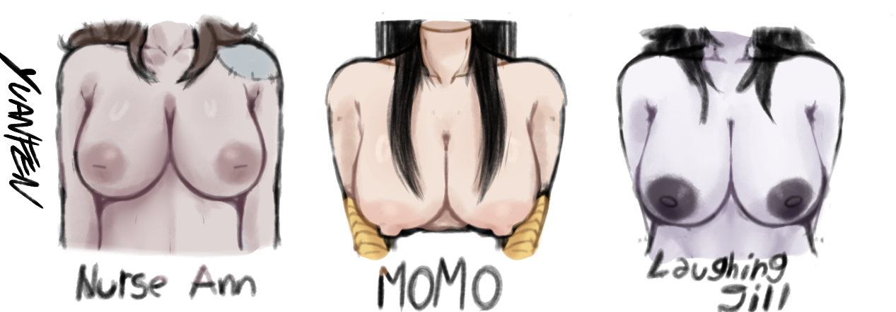 3girls, aerolae, big breasts, bird girl, black hair, black nipples, breast size difference, breasts, brown hair, creepypasta, female only, head out of frame, inverted nipples, large breasts, laughing jill, momo (creepypasta), nipples, notsafefatework, notsafefraxwork, nurse ann, pale skin, size chart, size difference, stitches, tagme, topless, white skin