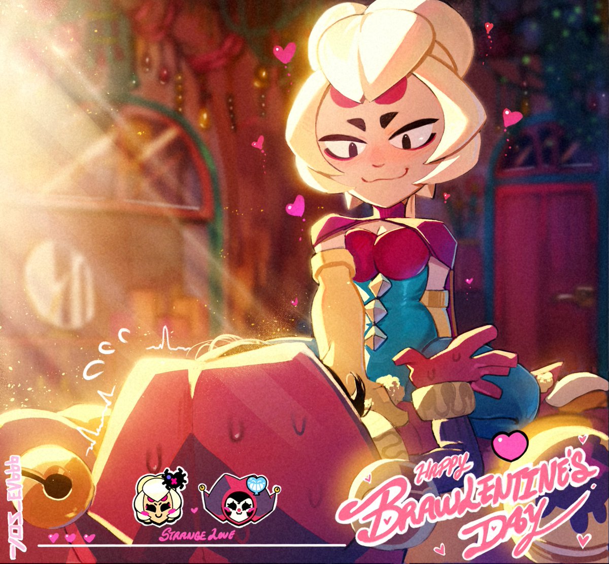 2026, 2girls, background, brawl stars, breasts, charlie (brawl stars), cowgirl position, embarrassed, hearts around head, inminent sex, no sex, oc, original character, polchito, shadow, smug, supercell, sweat, trembling, woman on top, yos ev666