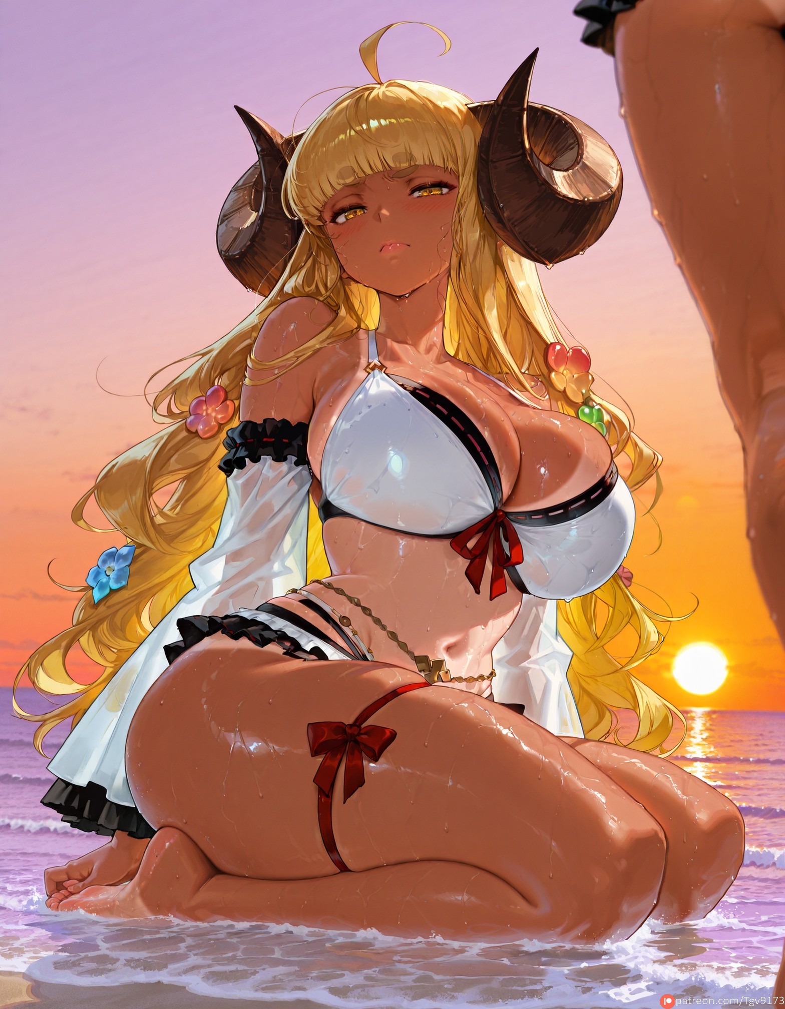 ahoge, ai generated, anila (granblue fantasy), bangs, bare shoulders, barefoot, bikini, bimbo, blonde hair, blunt bangs, blush, breasts, cleavage, commission, commissions open, detached sleeves, draph, female, granblue fantasy, gyaru, horns, large breasts, leg ribbon, long hair, looking at viewer, navel, official alternate costume, patreon, pixiv link, pixiv sample, seiza, self upload, sheep horns, short eyebrows, sitting, solo focus, sunset, swimsuit, tan, tanline, tanlines, tgv9173, thick eyebrows, thigh strap, thighs, water, wet, white bikini, yellow eyes