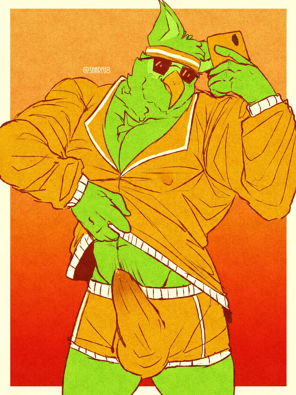 accessory anthro avian beak bird bodily_fluids bottomwear clothing digital_media_(artwork) duo_(duolingo) duolingo erection eyewear feathers genital_fluids green_feathers headband hi_res jacket male male_only mascot muscular muscular_male nipple_outline orange_clothing owl precum selfie shorts snarfu solo sunglasses topwear