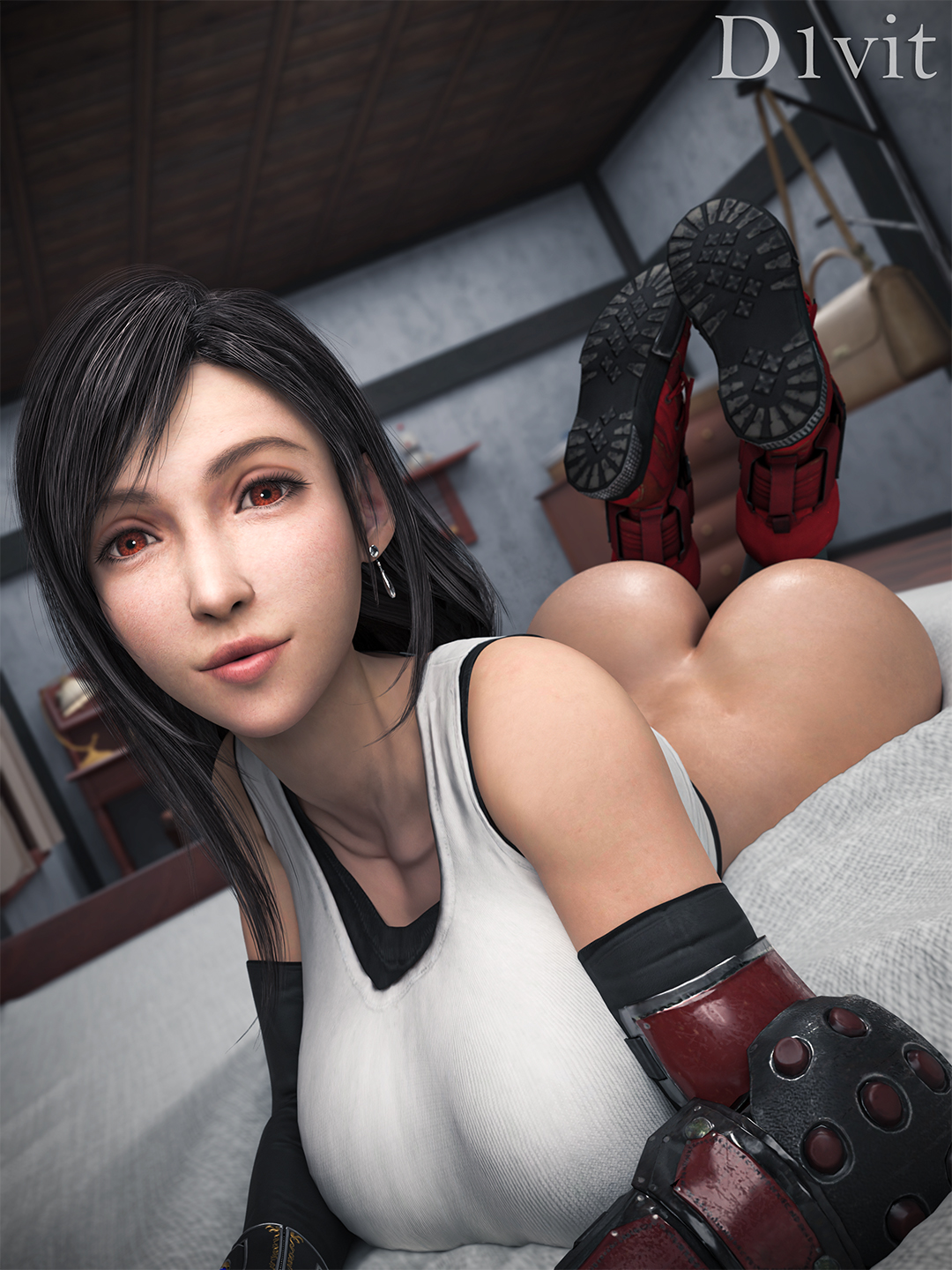 1girls, 3d, ass selfie, big butt, d1vit, female, female only, final fantasy, final fantasy vii, final fantasy vii remake, indors, long hair, looking at viewer, selfie, solo, solo female, square enix, the pose, tifa lockhart