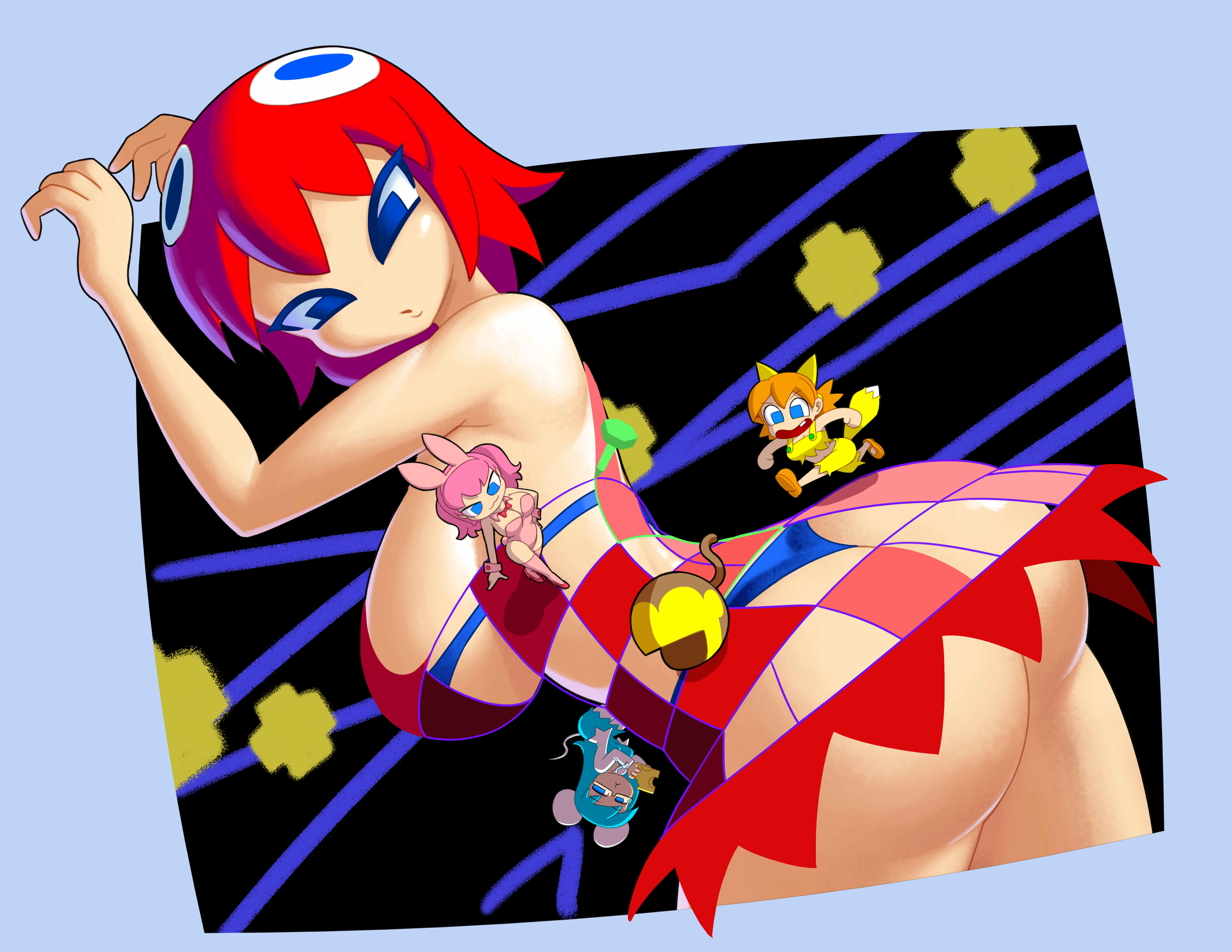 1boy, 2024, 2d, 2d (artwork), 4girls, absurd res, absurdres, ass, blinky (pac-man), blue eyes, blue panties, breasts, bunny ears, bunny girl, clyde (pac-man), cyan hair, digital media, digital media (artwork), extreme size difference, fake animal ears, fake tail, female, female humanoid, fox ears, fox tail, ghost, ghost girl, giant, giant female, giantess, gijinka, hi res, highres, humanized, humanoid, humanoid female, inky (pac-man), larger female, male, minus8, monkey tail, mouse ears, mouse tail, multiple females, multiple girls, namco, newgrounds link, no eyes, orange hair, pac-man, pac-man (series), pac-man ghost dance (minus8), panties, pink hair, pinky (pac-man), png, rabbit ear hairband, red hair, short hair, short red hair, size difference, smaller male, tail