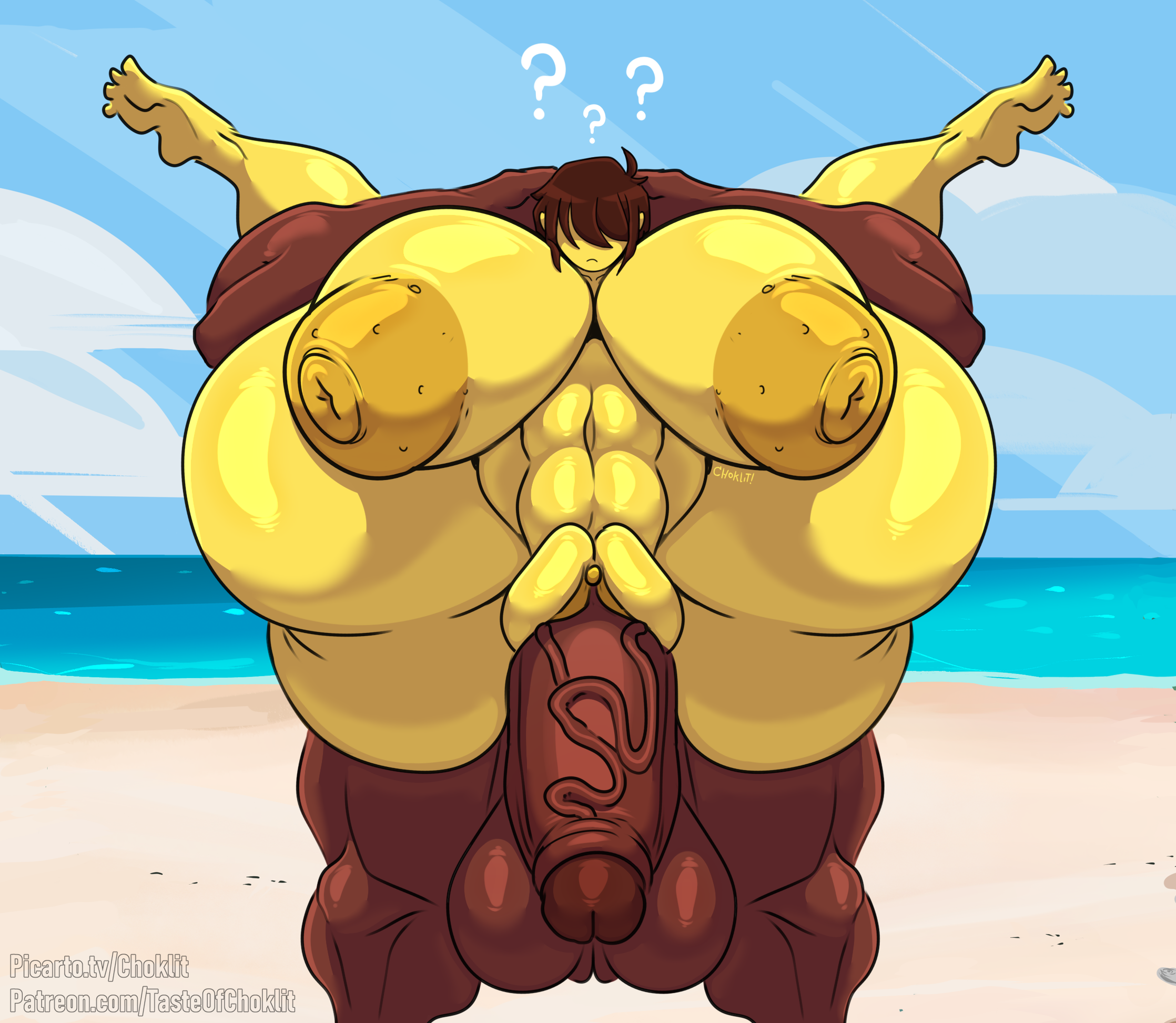 2025, anon, anonymous male, ass, balls, beach, big ass, big balls, big breasts, big butt, big nipples, big penis, black body, breasts, confused, deltarune, digital media (artwork), duo, female, female focus, hair, hair between eyes, hair over eyes, hi res, human, kris (deltarune), kris (light world form), kris female (deltarune), male, male/female, nipples, tasteofchoklit, undertale (series), veiny penis, watermark