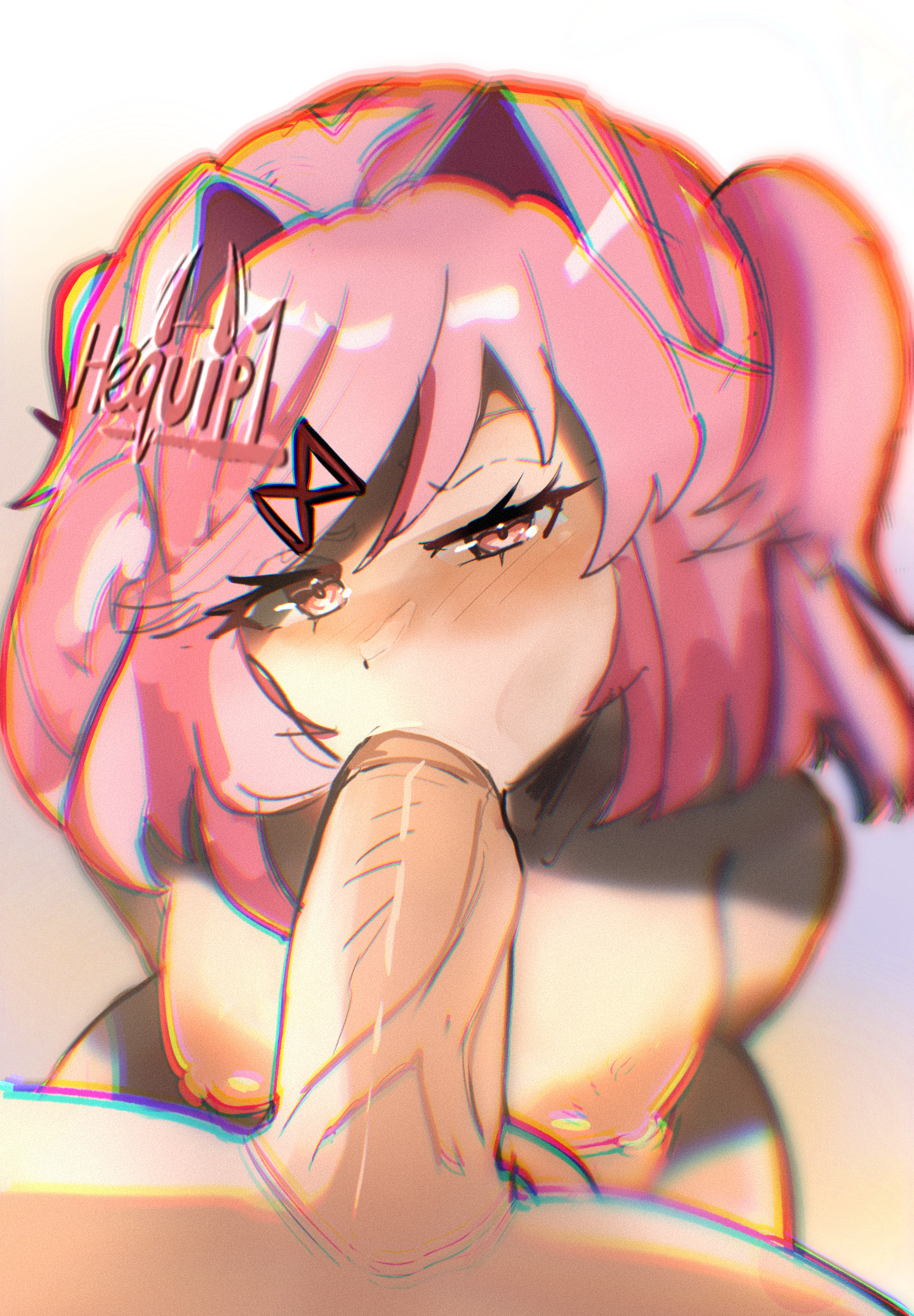 1boy, 1girls, blowjob, blowjob face, blush, doki doki literature club, fanart, fanart from twitter, female, hair ornament, hequip1, hequip2, looking at viewer, male, natsuki (doki doki literature club), nipples, nude, patreon username, penis, pink eyes, pink hair, pov, short hair, shortstack, sucking penis, veiny penis