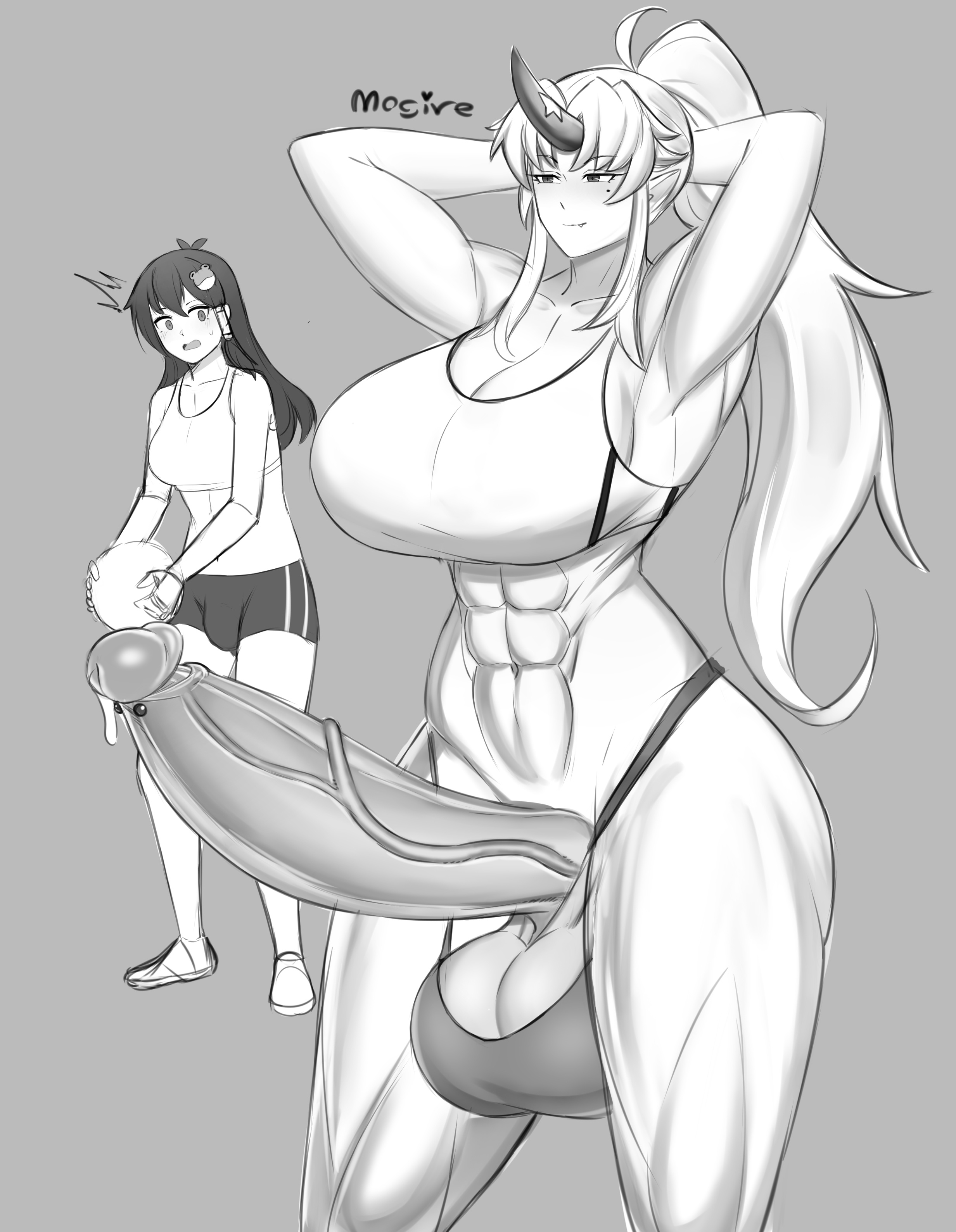 2futas, abs, big balls, big penis, futa only, futanari, hoshiguma yuugi, mogire, muscular, muscular futa, penis awe, pubic hair, sanae kochiya, touhou