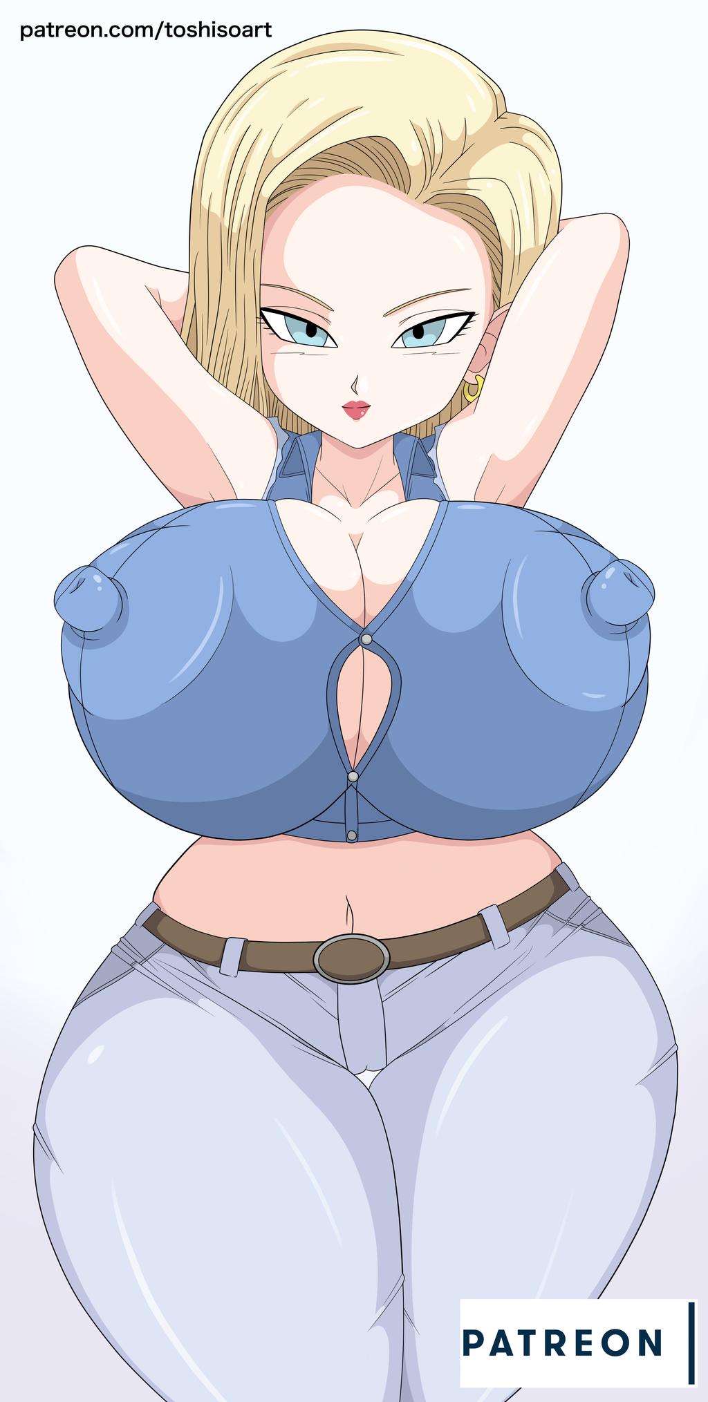 1girls, about to burst, about to pop, alternate version available, android 18, barely contained, barely contained breasts, barely fits, blonde hair, blue eyes, breasts, button down shirt, button gap, buttons, cameltoe, cleavage, curvy, dragon ball, dragon ball z, erect nipples, female, female only, gigantic breasts, huge areolae, huge breasts, imminent wardrobe malfunction, inconvenient breasts, lipstick, nipples, puffy nipples, pussy, short hair, shounen jump, skin tight, strained buttons, straining buttons, thick lips, thick thighs, thigh gap, tight clothing, tight fit, tight pants, toshiso, undersized clothes, voluptuous, wide hips