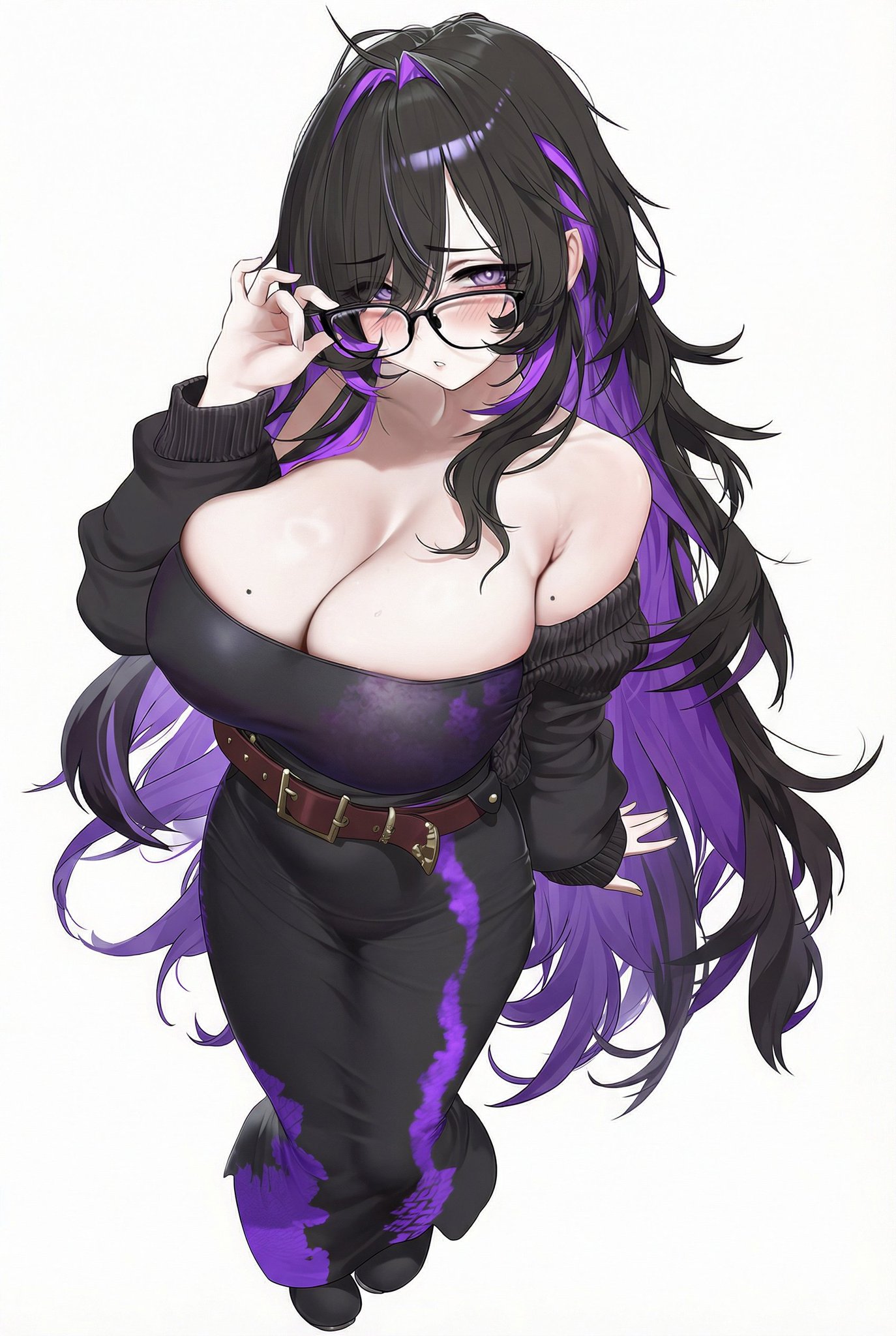 1girls, 2d, 2d (artwork), 2d artwork, 5 fingers, adjusting glasses, ai generated, beauty mark, beauty mark on breasts, belly, belt, big breasts, big titties, black hair, black hair female, breasts, cleavage, clothed, clothed female, clothes, curvy, curvy body, curvy female, curvy figure, digital drawing (artwork), digital media, digital media (artwork), ear, eyeglasses, eyes, eyes half closed, eyes half open, eyes open, female focus, female only, fingernails, fingers, fixing glasses, furry ears, girl, girlfailure, glasses, goddess of victory: nikke, hips, humanoid, label (nikke), light skin, light-skinned female, lips, long hair, long hair female, looking at viewer, looking up, looking up at viewer, multicolored hair, nails, no bra, no dialogue, no text, open sweater, pale skin, pale-skinned female, purple eyes, revealing clothes, revealing clothing, robot, robot girl, sexy, sexy female, slim, slim female, slim girl, sweater, textless, thefelix, thick thighs, thighs, two tone hair, video game, video game character, video game franchise, video games, white background