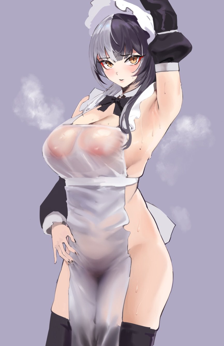 1girls, apron, black hair, female, female only, hololive, hololive english, hololive english -advent-, large breasts, light skin, light skinned female, looking at viewer, maid headdress, shiori novella, solo, solo female, sweat, sweatdrop, sweating, sweaty, two-tone hair, virtual youtuber, wet clothes, white hair, yotamono