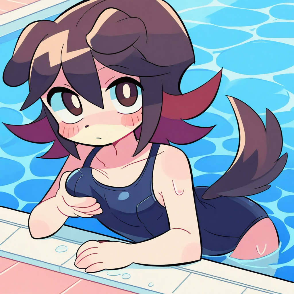ai generated, animal ears, animation meme community, brown hair, dog girl, female, lambga, mizugi, multicolored hair, one piece swimsuit, pool, sashley, school swimsuit, velvet (sashley)