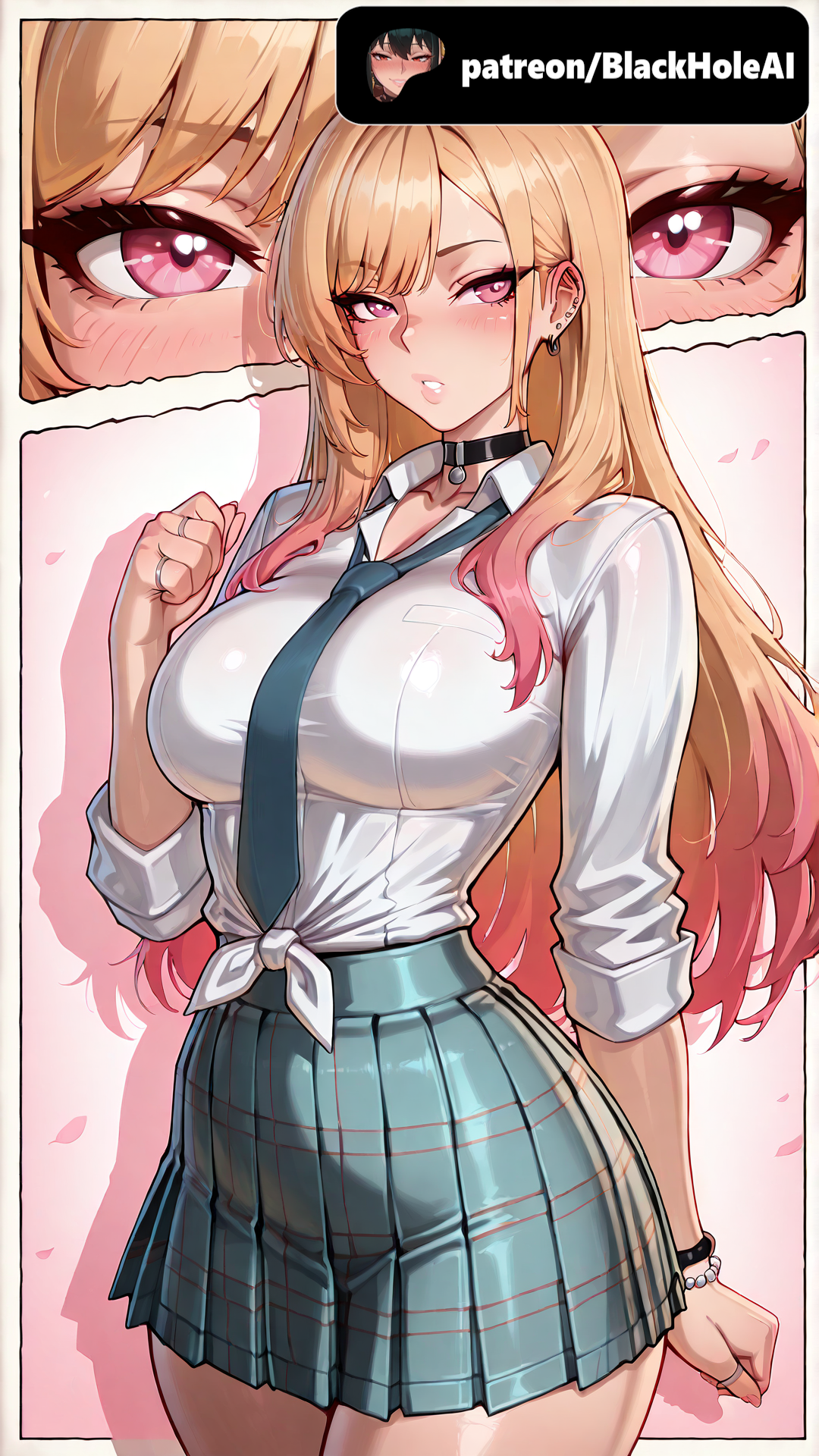 ai generated, blackholeai, blonde hair, blue skirt, collar, female, female only, kitagawa marin, marin kitagawa, my dress up darling, patreon, patreon link, patreon logo, patreon url, patreon username, pink eyes, pink hair, school uniform, schoolgirl, schoolgirl uniform, sono bisque doll wa koi wo suru, tie, two-tone hair, uniform, white shirt
