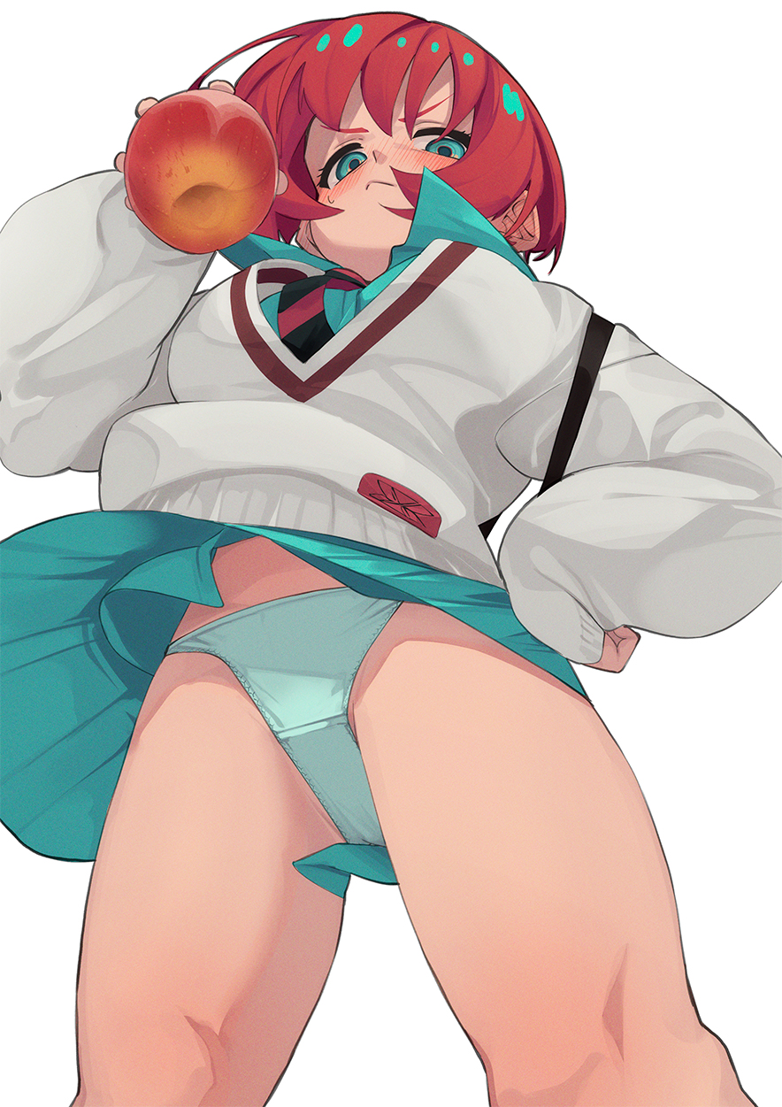 amate yuzuriha, apple, aqua eyes, aqua skirt, blue panties, blush, breasts, commentary request, female, food, from behind, from below, fruit, fu-ta, gundam, gundam gquuuuuux, highres, holding, holding food, holding fruit, medium breasts, necktie, panties, red hair, school uniform, short hair, simple background, skirt, solo, sweater, thighs, two-tone necktie, underwear, upskirt, white background, white sweater