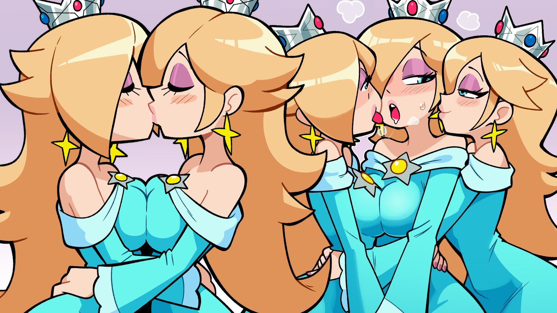 5girls, bare shoulders, blonde hair, blue eyes, blush, breast press, breasts, clone, closed eyes, crown, dress, earrings, eyeshadow, female, female focus, female only, hair over one eye, highres, hug, jewelry, kissing, large breasts, long hair, looking at another, makeup, mario (series), multiple girls, nintendo, off shoulder, off-shoulder dress, princess rosalina, rosalina, scott falco, selfcest, star (symbol), symmetrical docking, tongue, tongue out, yuri