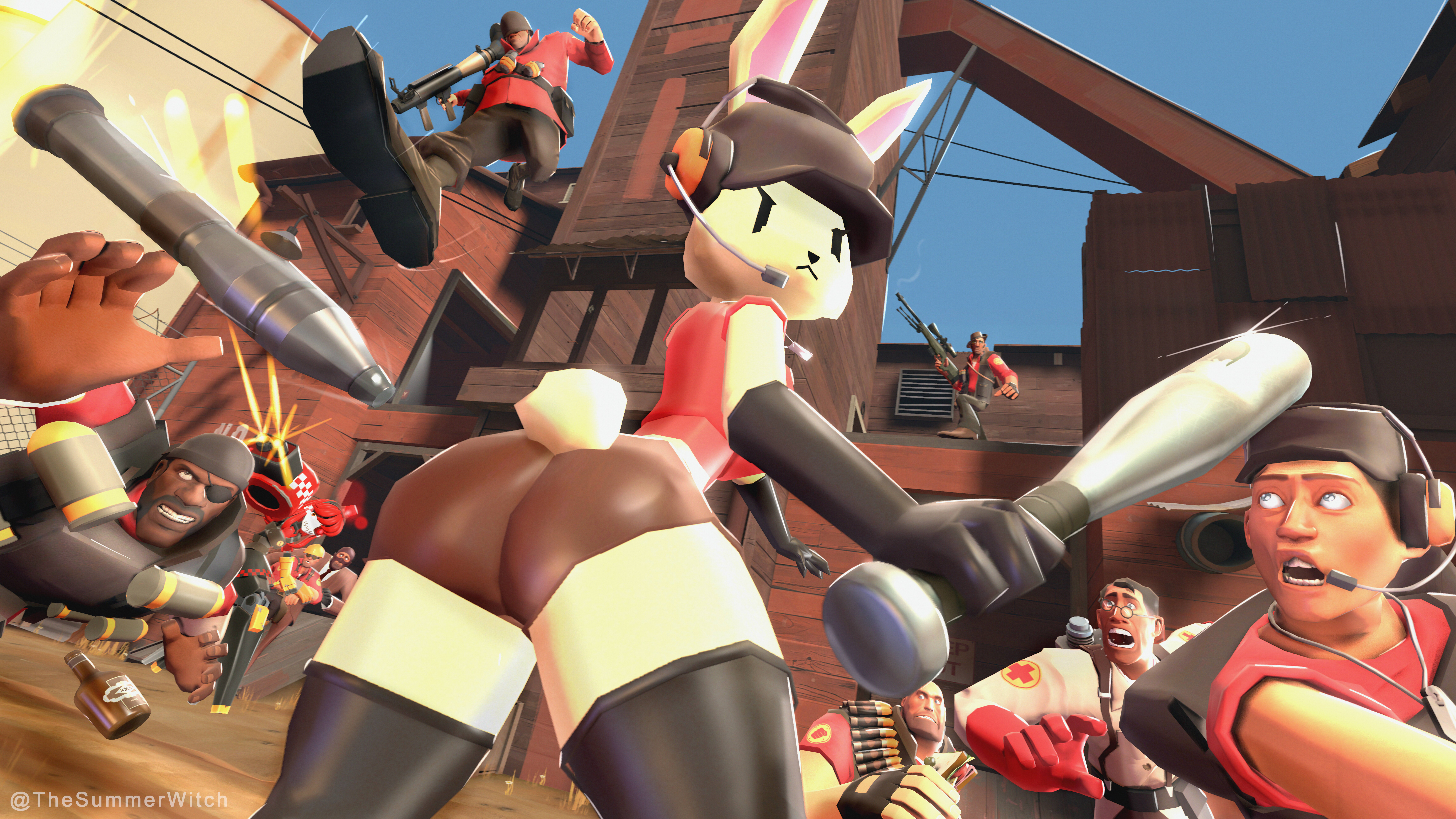 2fort, 2girls, 3d (artwork), 4k, 8boys, absurd res, anthro, anthro focus, baseball bat, black long stockings, bottomwear, brown bottomwear, brown clothing, brown shorts, butt focus, clothed, clothing, dark skin, dark-skinned male, demoman (team fortress 2), digital media (artwork), electronics, engineer (team fortress 2), female, focused, furry, furry female, headphones, heavy (team fortress 2), hi res, huge filesize, human, human male, light skin, light-skinned male, looking at another, lucy (usernamecipher), lucy the bun, lying, male, mammal, medic (team fortress 2), mimi sentry, multiple boys, on front, red clothing, red shirt, red t-shirt, red topwear, robot, rocket, rocket launcher, sandwich (food), scout (team fortress 2), shirt, shorts, sniper (team fortress 2), sniper rifle, soldier (team fortress 2), solo focus, source filmmaker (artwork), spy (team fortress 2), t-shirt, team fortress 2, topwear, valve, widescreen