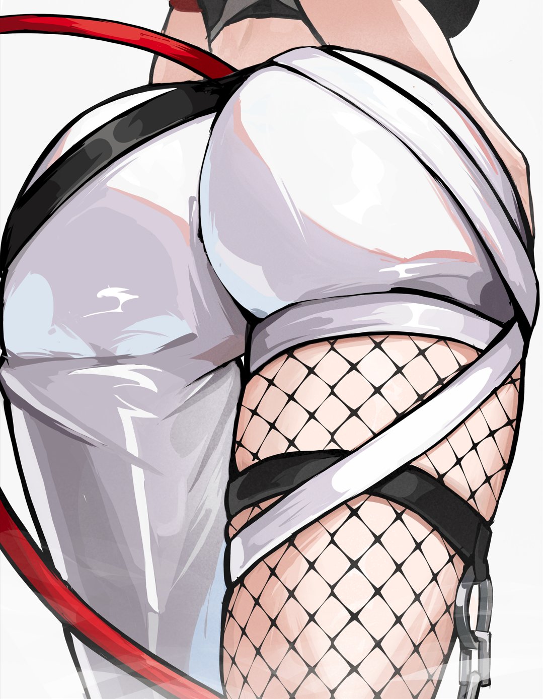 1girls, 2026, animal tail, ass, back, back view, clothed, clothing, color, colored skin, digital media (artwork), dress, female, female only, fishnets, hakos baelz, hakos baelz (snake eyes), hi res, hololive, hololive english, hololive english -council-, hololive english -promise-, legs, light skin, light-skinned female, low-angle view, mouse, mouse girl, mouse tail, simple background, solo, tail, thick ass, thick thighs, thighs, ttsyrene, viewed from below, virtual youtuber, vtuber, white background