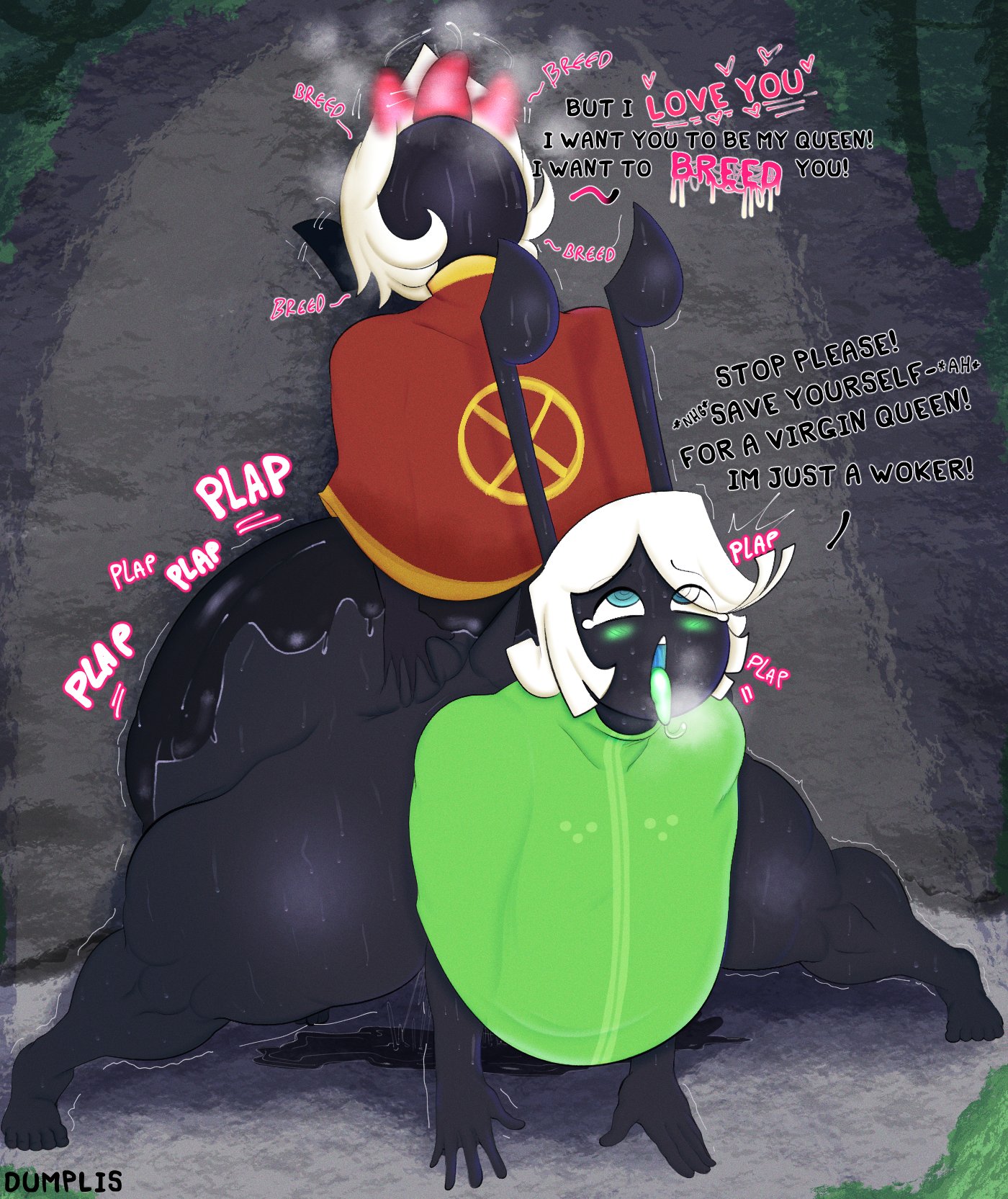 2023, 2boys, 2d, ahe gao, antennae (anatomy), beents (species), big ass, black body, blue eyes, blush, bottom heavy, bottomless, bubble butt, clothing, dat ass, dialogue, drool string, drooling, dumplis (artist), eyes rolling back, femboy, femboysub, gay, grabbing ass, head back, head reeled back, huge ass, implied penetration, lost in pleasure, lost in the sauce, love confession, love making, lube, lube on butt, massive ass, massive thighs, open mouth, overwhelming pleasure, pounding, rough sex, size difference, spread legs, spreading, standing sex, sweat, sweating, thick thighs, tongue out, white hair, wild sex, yaoi