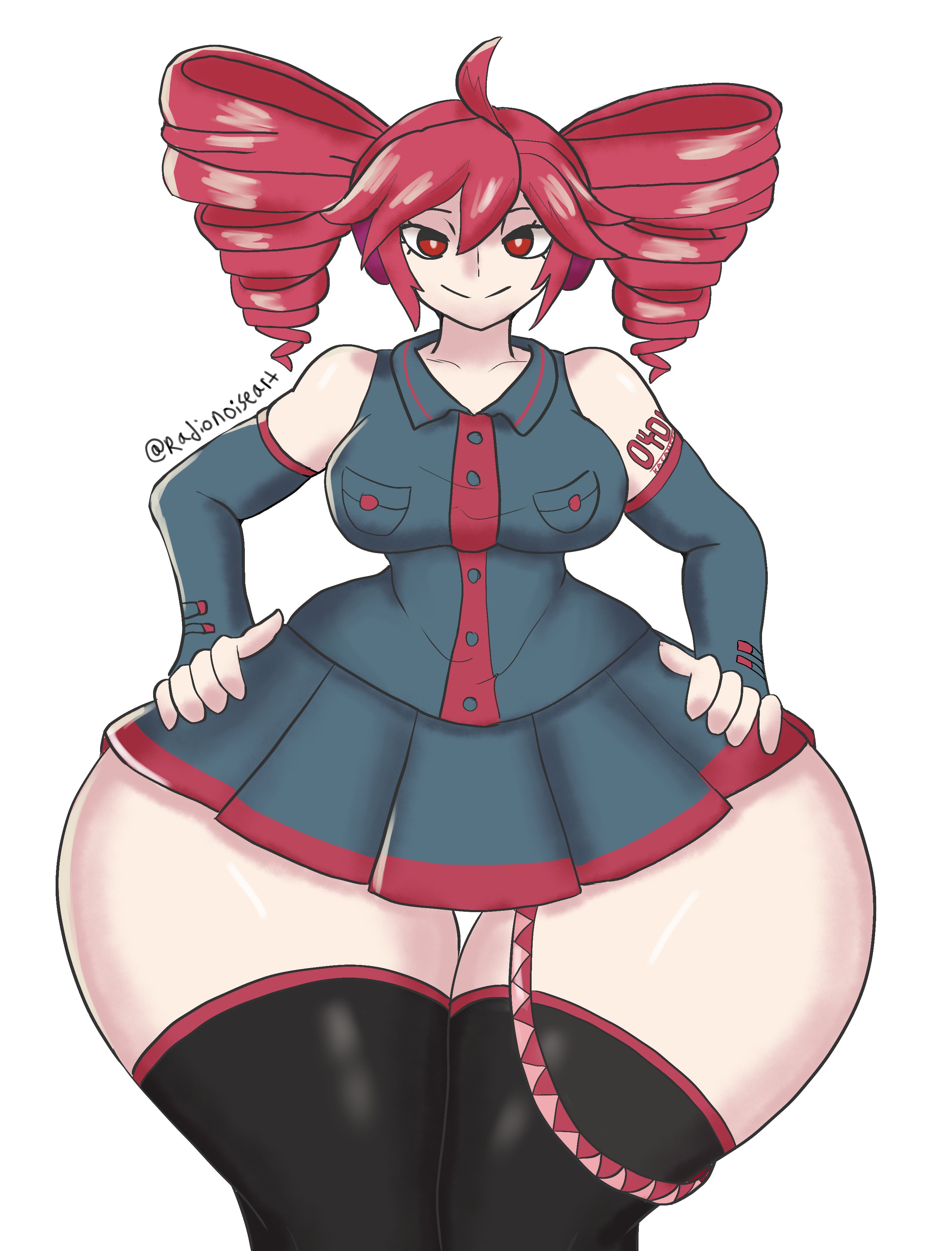 1girls, 2d, 2d (artwork), ahoge, arm tattoo, artist name, ass bigger than head, ass bigger than torso, big breasts, big thighs, bottom heavy, breasts, clothed, clothed female, clothing, curvaceous, curvy, curvy female, curvy figure, detached sleeves, enormous thighs, fat thighs, female, female only, fully clothed, gigantic thighs, hands on hips, headset, hips wider than shoulders, hourglass figure, huge hips, huge thighs, hyper, hyper hips, hyper thighs, ineffective skirt, kasane teto, large breasts, large thighs, looking at viewer, massive hips, massive thighs, microskirt, miniskirt, pear shaped, pear shaped female, pear-shaped figure, plump, plump thighs, radionoiseart, red eyes, red hair, shiny thighhighs, simple background, skirt, slim waist, smile, solo, solo female, tattoo, thick thighs, thigh gap, thighhighs, thighs, thighs bigger than head, thighs bigger than torso, tiny waist, twin drills, utau, voluptuous, voluptuous female, white background, wide hips
