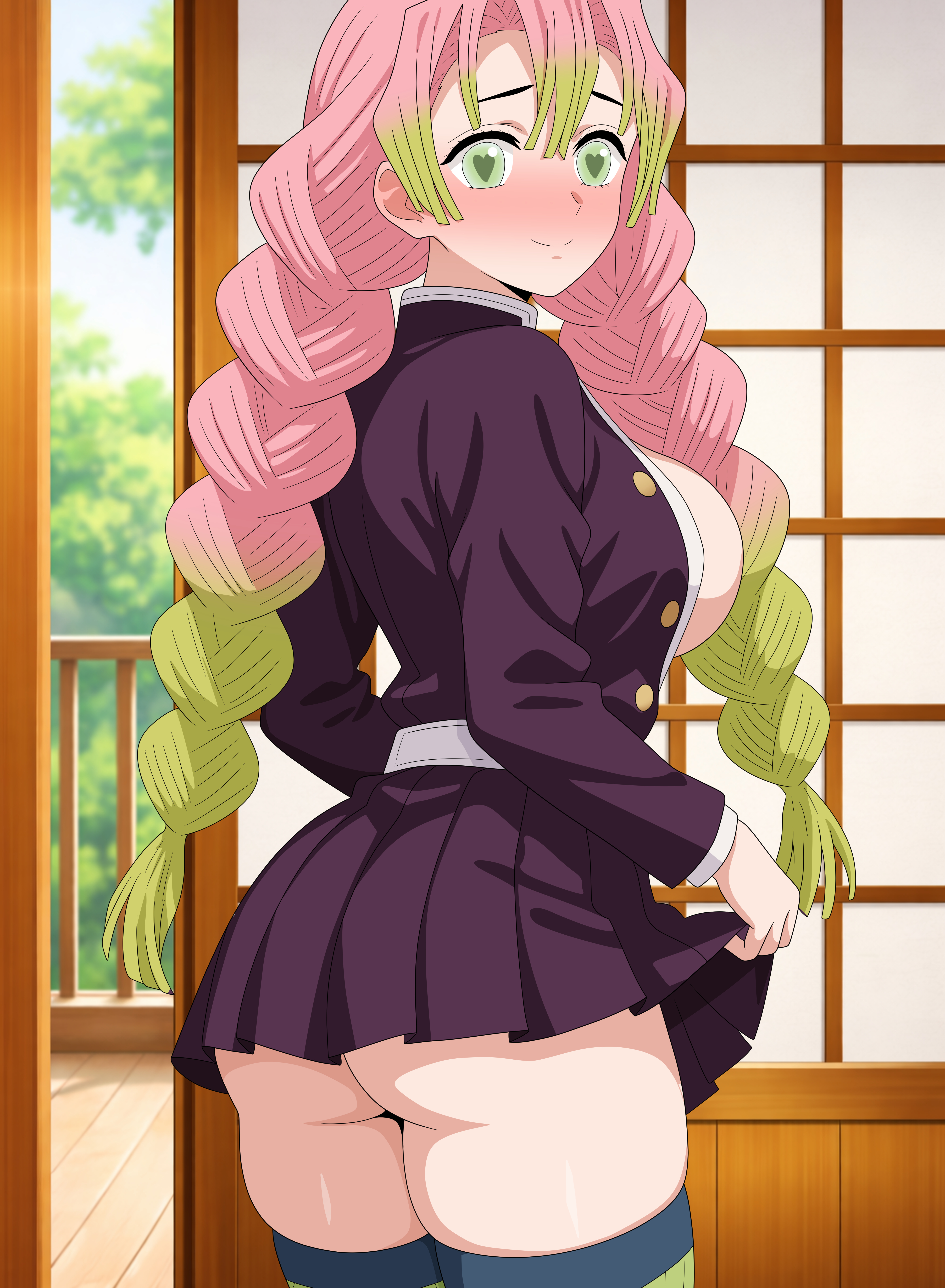 ass, big breasts, breasts, demon slayer, female, kanroji mitsuri, kimetsu no yaiba, skirt, solo, thighhighs, uniform, xvanana100