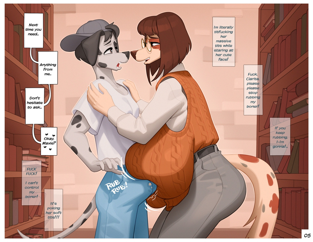 2026, anthro, baseball cap, big breasts, black body, black fur, breasts, brown hair, canid, canine, canis, clarita (crackiepipe), clothing, crackiepipe, cum, cum through clothes, cum through pants, dalmatian, domestic dog, duo, english text, erection, erection under clothing, eye contact, eyewear, female, fur, glasses, greyhound, hair, hat, headgear, headwear, huge breasts, hunting dog, looking at another, male, male/female, mammal, maxie (crackiepipe), multicolored body, multicolored fur, orange clothing, orange sweater, orange topwear, profanity, shirt, sighthound, sweater, t-shirt, tan body, tan fur, text, topwear, two tone body, two tone fur, wearing glasses, white body, white clothing, white fur, white shirt, white topwear