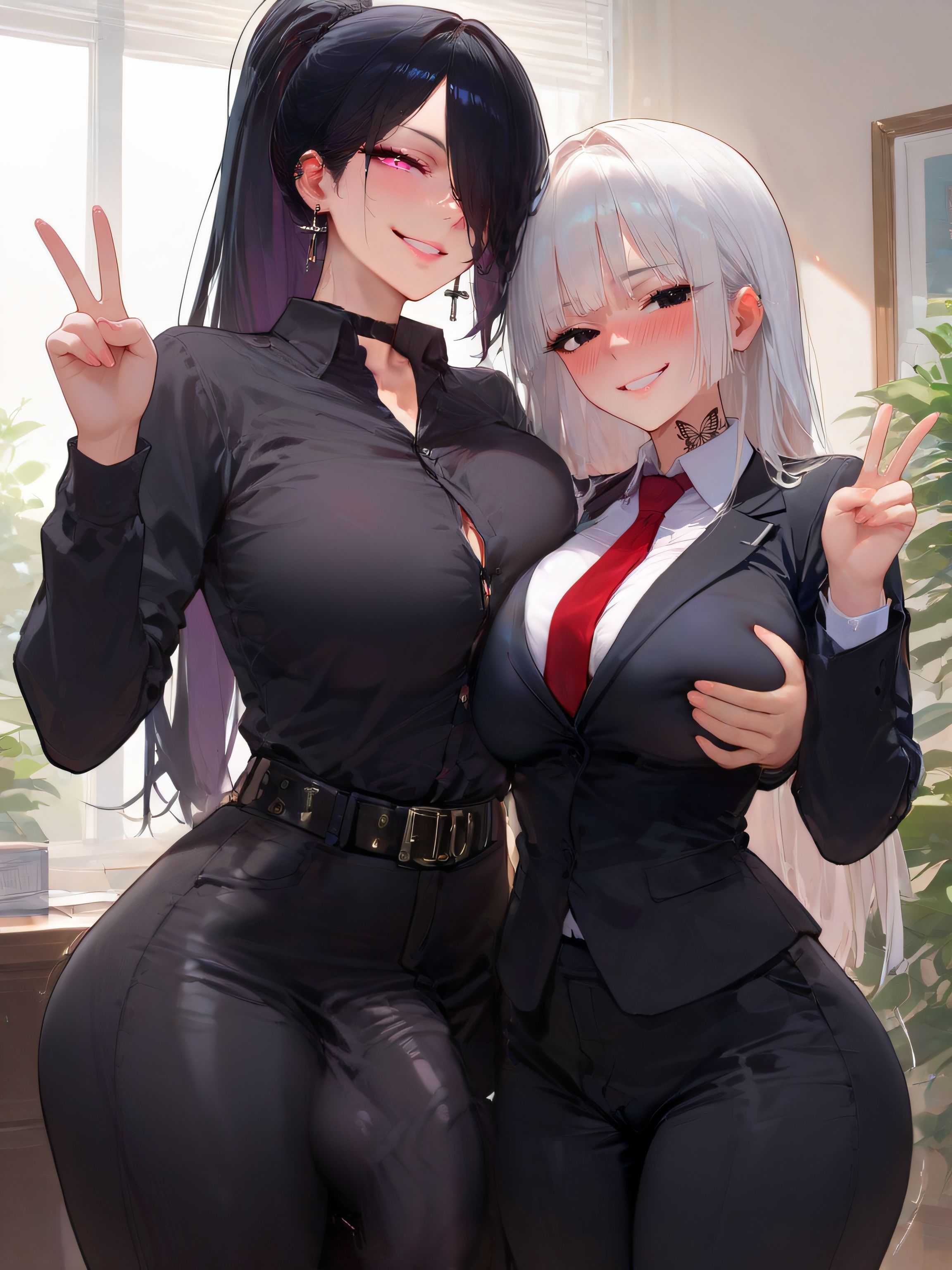2girls, absurdres, ai generated, amiiari, ass, ass bigger than head, asymmetrical docking, bangs, belt, between breasts, big breasts, big penis, black belt, black choker, black eyes, black hair, black jacket, black nails, black pants, black shirt, blazer, blunt bangs, blush, breast grab, breast press, breasts, breasts bigger than head, buckle, bulge, bulge down leg, bulge through clothing, bulge under clothes, business suit, button gap, choker, cleavage, clenched teeth, collaboration, collar, collarbone, collared shirt, cowboy shot, cross, cross earrings, cross necklace, curvy, day, detailed, double v, dress shirt, ear piercing, earrings, embarrassed female, erection, erection under clothes, erection under clothing, eyebrows visible through hair, eyes visible through hair, formal, futa with female, futanari, glint, grabbing, grabbing from behind, grey eyes, grey hair, grin, groping, groping breasts, hair between eyes, hair intakes, hair over one eye, heart, height difference, high ponytail, huge ass, huge breasts, huge cock, indoors, jacket, jewelry, large ass, large breasts, large penis, latin cross, lips, long hair, long penis, long sleeves, looking at viewer, massive breasts, medium breasts, multiple girls, narrow waist, naughty face, neck tattoo, office lady, one eye covered, one eye obstructed, open mouth, original character, pant suit, pants, parted lips, partially unbuttoned, peace sign, penis, penis outline, penis under clothes, photo (object), piercing, pink eyes, plant, ponytail, potted plant, purple eyes, rebecca (amiiari), red eyes, red necktie, shirt, shirt tucked in, sidelocks, skindentation, smile, standing, stretched clothing, suit, taller female, tattoo, thick thighs, thighs, tie, tight pants, toned, v, veins, very long hair, voluptuous, white hair, white shirt, wide hips, window