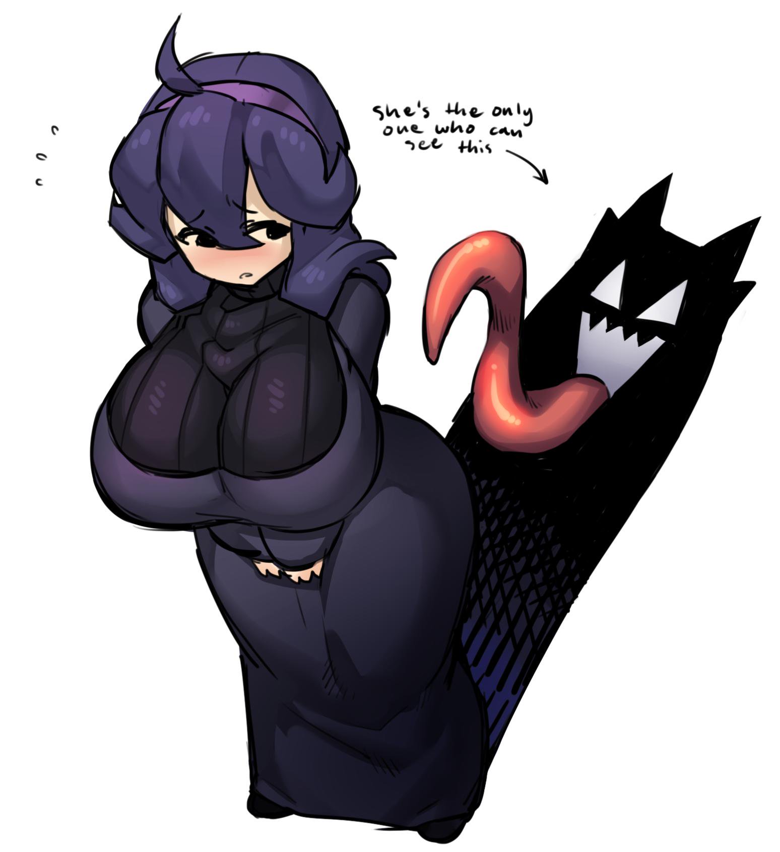 1girls, ahoge, alternate breast size, ass, ass in dress, big ass, big breasts, black eyes, blush, borvar, breasts, chubby, clothed, clothes, dress, female, game freak, ghost, hairband, half-closed eyes, hex maniac, hex maniac (pokemon xy), huge ass, huge breasts, large ass, large breasts, larger female, long hair, long tongue, looking back, nintendo, npc trainer, pokemon, pokemon xy, purple hair, shadow, shoes, size difference, standing, sweat, text, thick thighs, tongue, tongue out, white background, wide hips, worried