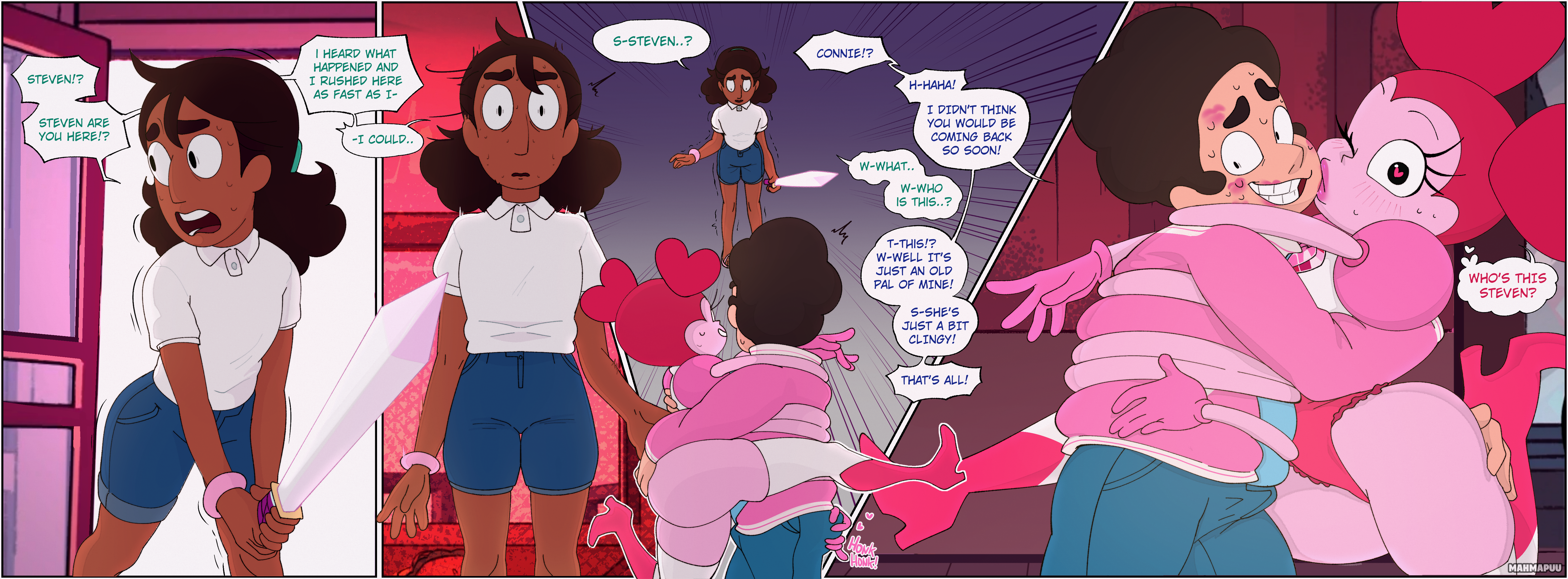 1boy, 2girls, absurd res, absurdres, ahe gao, cartoon network, cartoon network studios, caught, cheating, cheating boyfriend, comic, connie maheswaran, cuckquean, dialogue, female, heart-shaped pupils, kissing, lipstick, lipstick mark, mahmapuu, male, multiple females, multiple girls, nervous, netorare, reset spinel (steven universe), shocked, speech bubble, spinel (steven universe), steven quartz universe, steven universe, steven universe: the movie, straight, sweat, tagme, thick legs, trembling, worried
