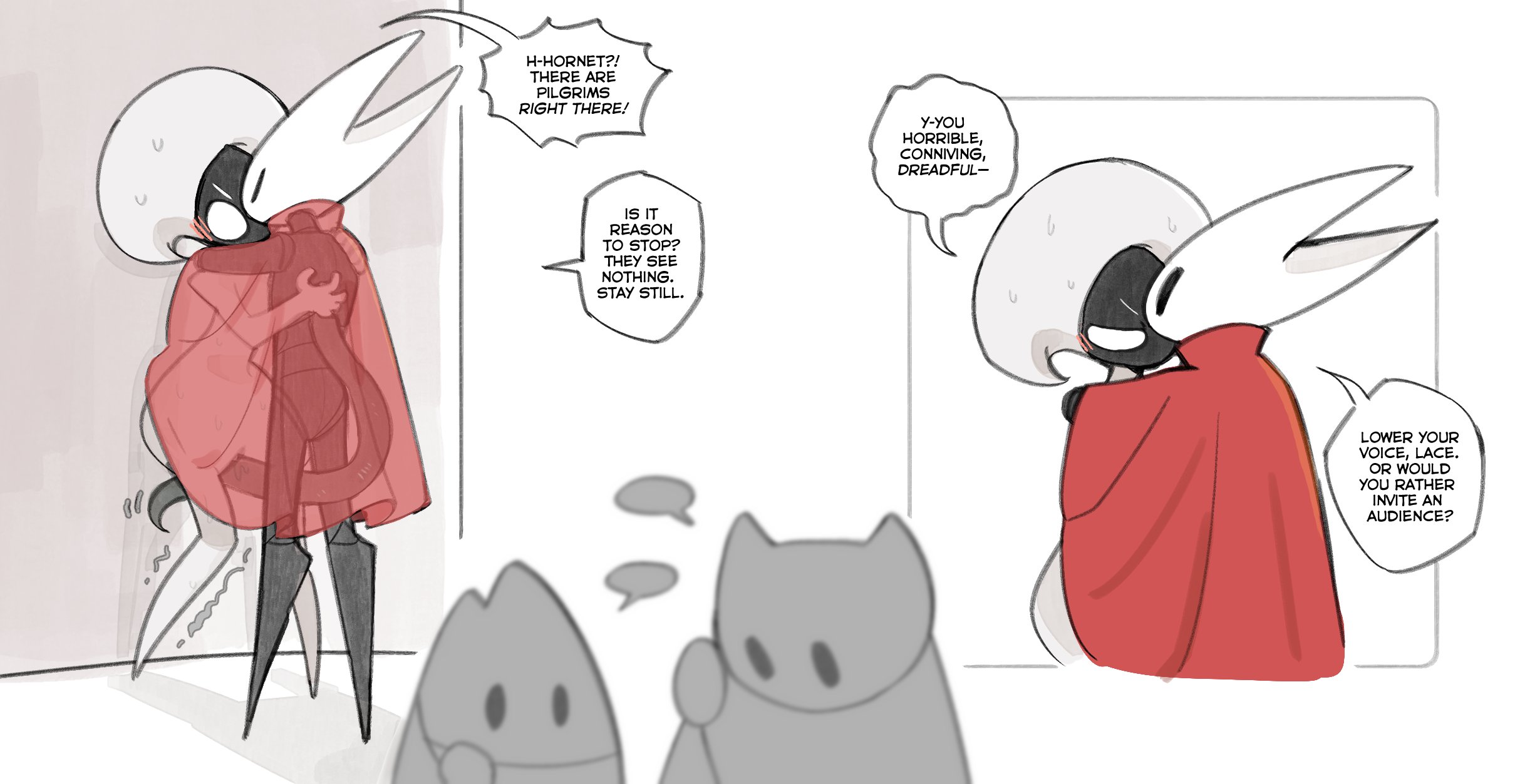 2girls, abafterdark, blush, blush lines, dialogue, grinding, grinding on tentacle, hollow knight, hollow knight (franchise), hollow knight: silksong, hornet (hollow knight), lace (hollow knight: silksong), lace (hollow knight), lesbian sex, public, public sex, team cherry, yuri