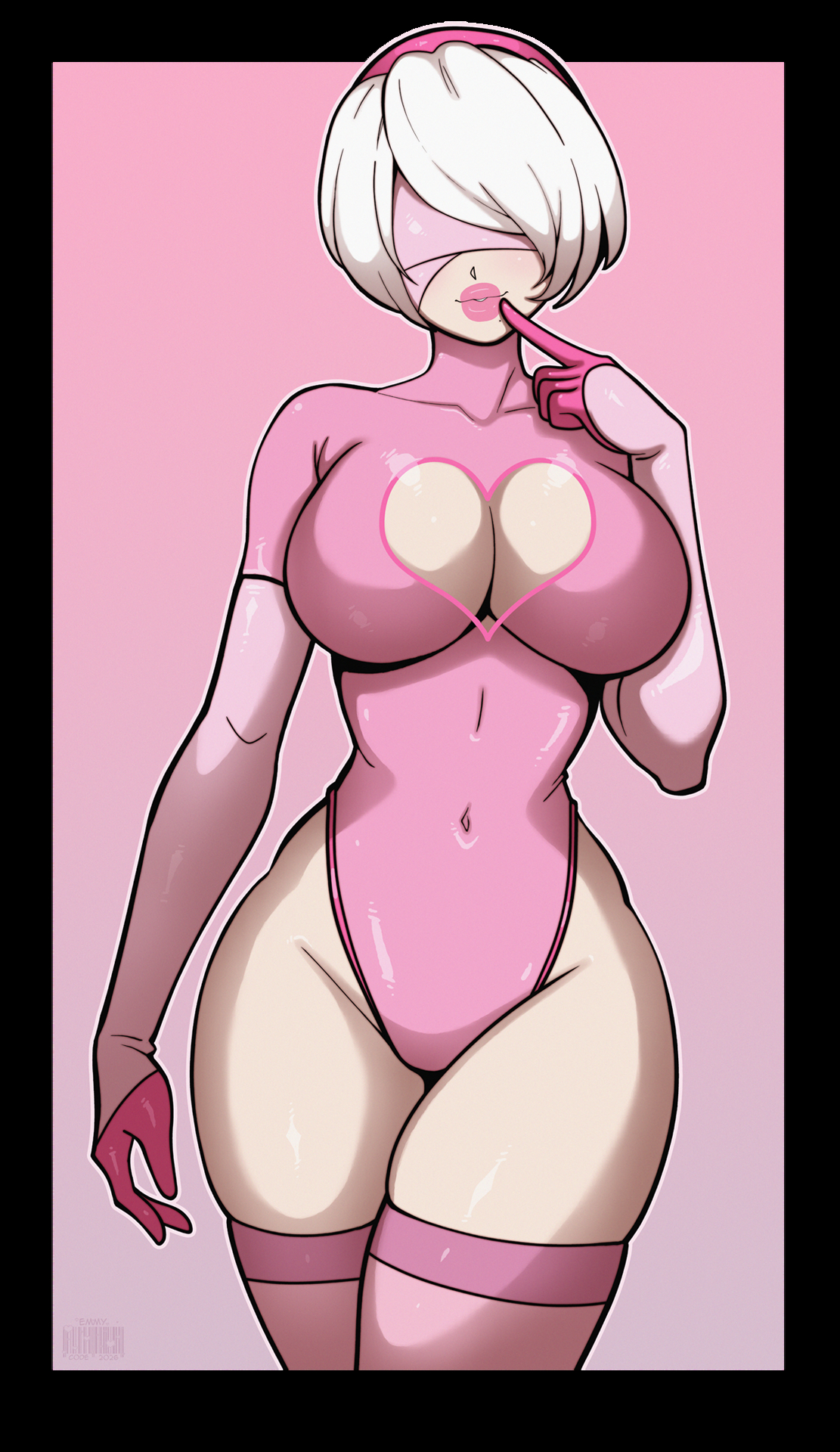 1girls, 2b (nier:automata), bad tag, big lips, bimbo lips, bimbofication, black border, blindfold, bob cut, border, breasts, camisole, cleavage, cleavage cutout, clothing cutout, covered navel, curvy, cuteemmy, cyborg, droid, elbow gloves, female, female only, finger to mouth, gloves, hairband, heart, hentai-foundry username, highcut, highleg, highleg leotard, huge breasts, huge lips, jpg, jpg conversion, jpg file, latex, latex gloves, latex leotard, latex thighhighs, legs, leotard, light skinned-female, lips, lipstick, long legs, makeup, nier (series), nier: automata, nier:automata, pink background, pink gloves, pink leotard, pink lips, pink thighhighs, robot, sex droid, shiny skin, short hair, sideboob, skindentation, small nose, square enix, standing, thick lips, thick thighs, thighhighs, thighs, third-party edit, tight clothing, two-tone background, white hair, wide hips, yorha 2b