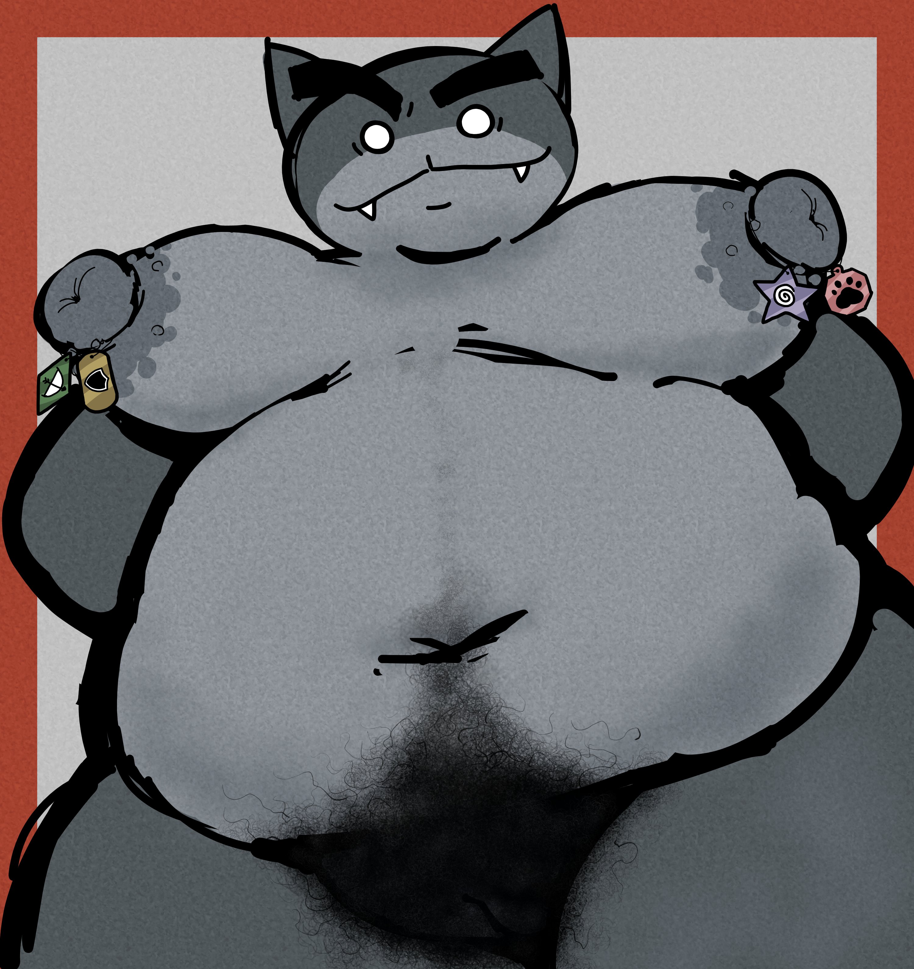2d, accessory, bbw, big breasts, big nipples, breasts, chubby, chubby female, fat, fat breasts, felid, feline, felis, female, female only, furry, furry female, furry only, grey body, guillotina (mewgenics), hair, hairy, hairy pussy, happy trail, huge thighs, large belly, looking at viewer, looking down at viewer, mewgenics, naked, naughtymoff, navel, no sex, nonhuman, nude, overweight, overweight female, pussy, simple background, solo, solo female, standing, tagme, thick thighs, twitter link, vagina
