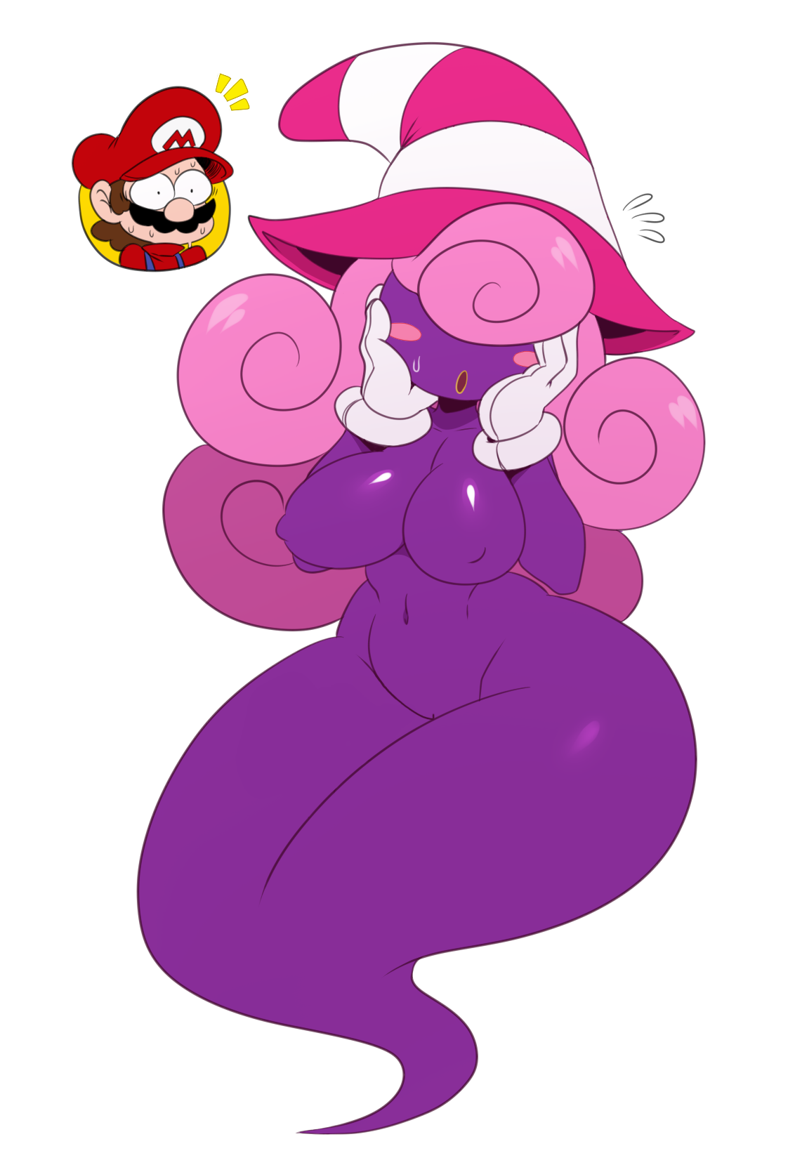 1girls, alternate version available, breasts, clothing, fan edit, female, female only, gender transformation, genderswap, genderswap (mtf), ghost, ghost girl, gloves, hair, hair over eyes, hands on face, hat, hi res, human, iamahornyd1 edits, mario, mario (series), nintendo, paper mario, paper mario: the thousand-year door, pink hair, pussy, shadow siren, simple background, solo, sssonic2, sweat, video games, vivian (paper mario), white background, wide eyed