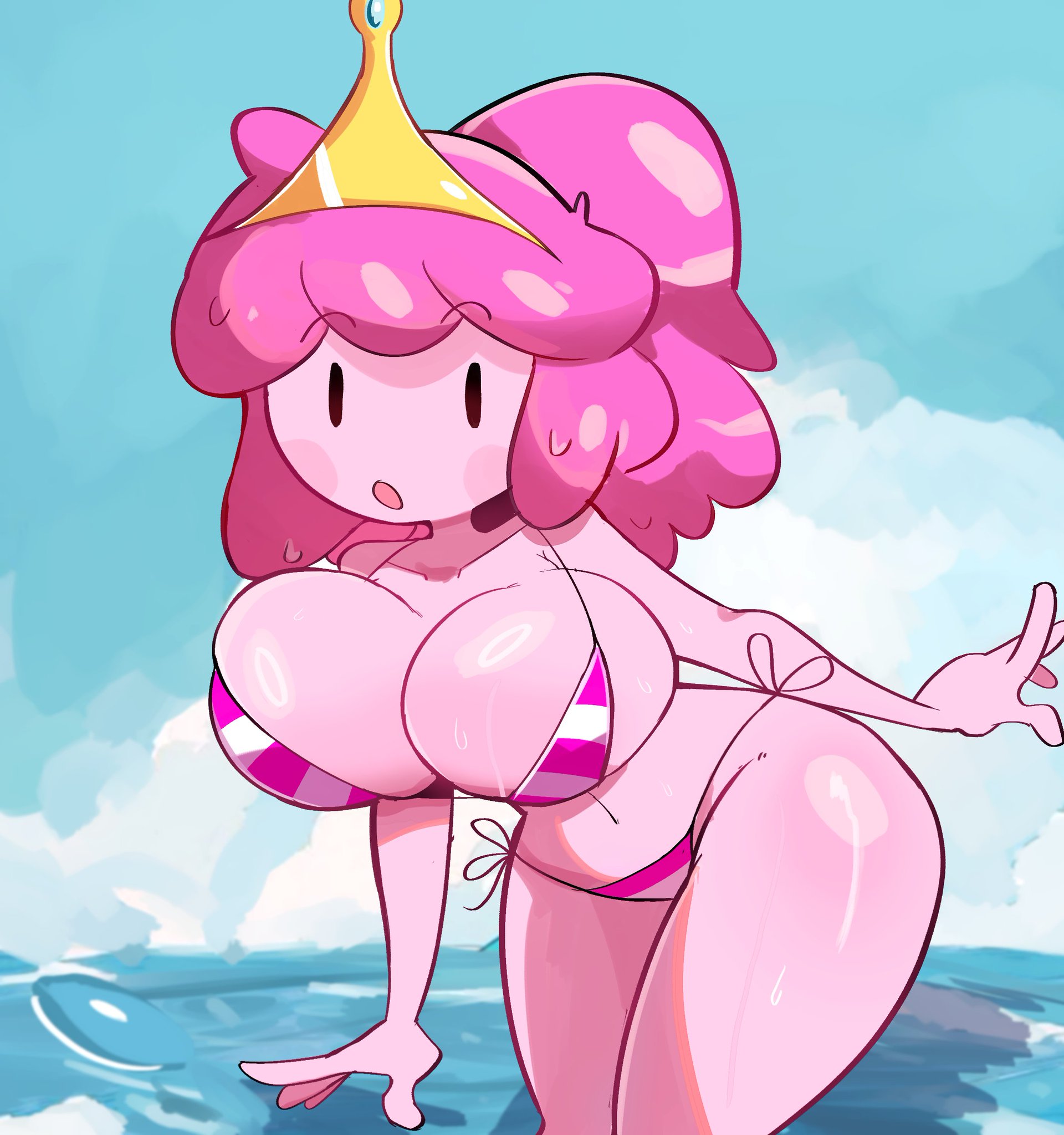 1girls, adventure time, ass, azjack, beach, big ass, big breasts, bikini, blush, breasts, bubble gum, bubble gum girl, bubblegum girl, cartoon network, crown, curious, dripping, dripping wet, female, female focus, female only, highlights, leaning forward, magenta hair, pink hair, pink skin, pink-skinned female, princess bubblegum, small bikini, thick thighs, thighs, water, wet, wet ass, wet body, wet breasts, wet skin, wet thighs