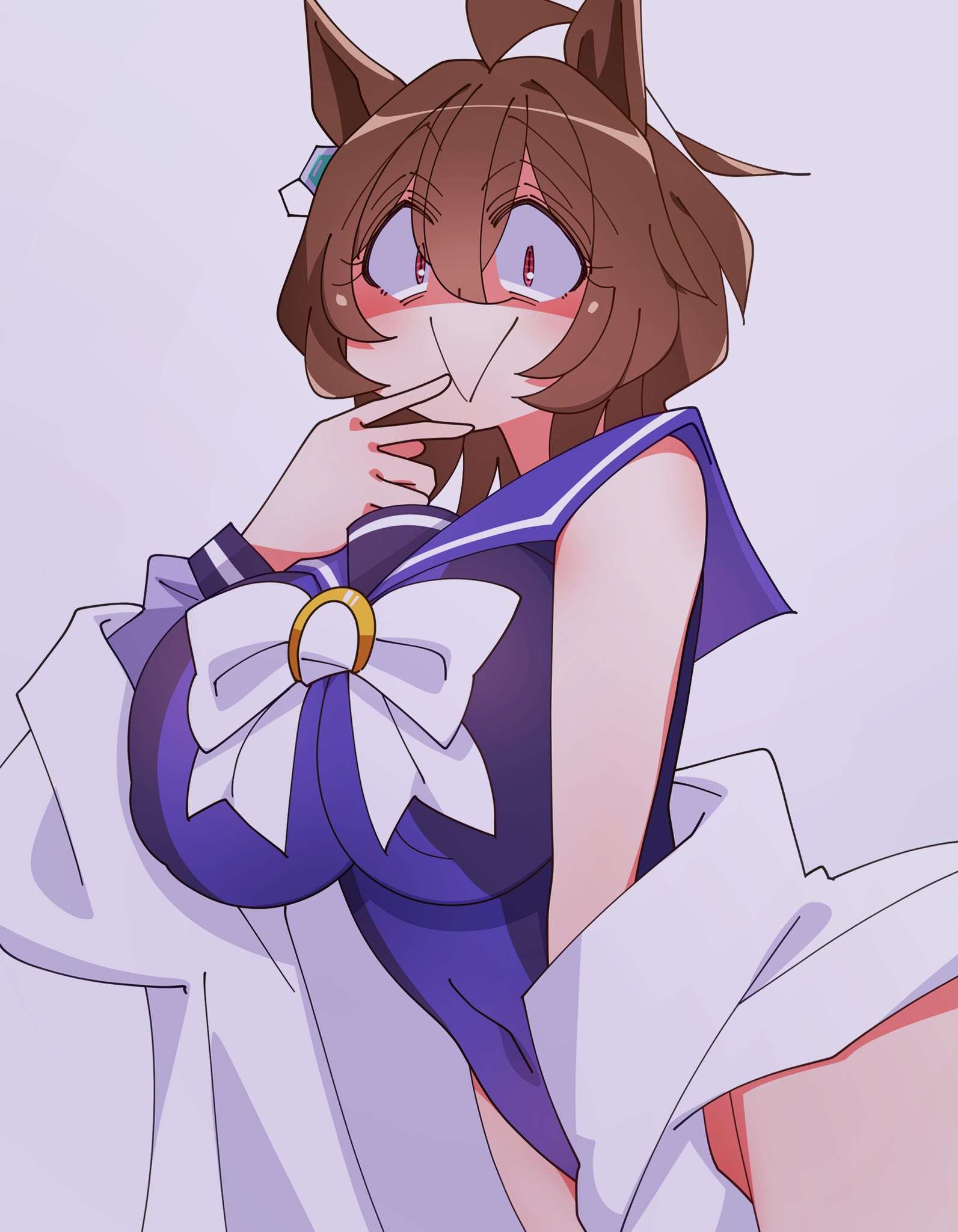 :>, 1girls, 2026, agnes tachyon (umamusume), animal ears, animal tail, bare arms, bare legs, big breasts, breasts, brown hair, clothed, clothing, color, colored, cygames, digital media (artwork), dress, female, female only, hi res, huge breasts, kaijin debeso, light skin, light-skinned female, looking at viewer, nipples visible through clothing, red eyes, see-through, simple background, smile, solo, thick thighs, thighhighs, thighs, umamusume, umamusume pretty derby, viewed from above, white background
