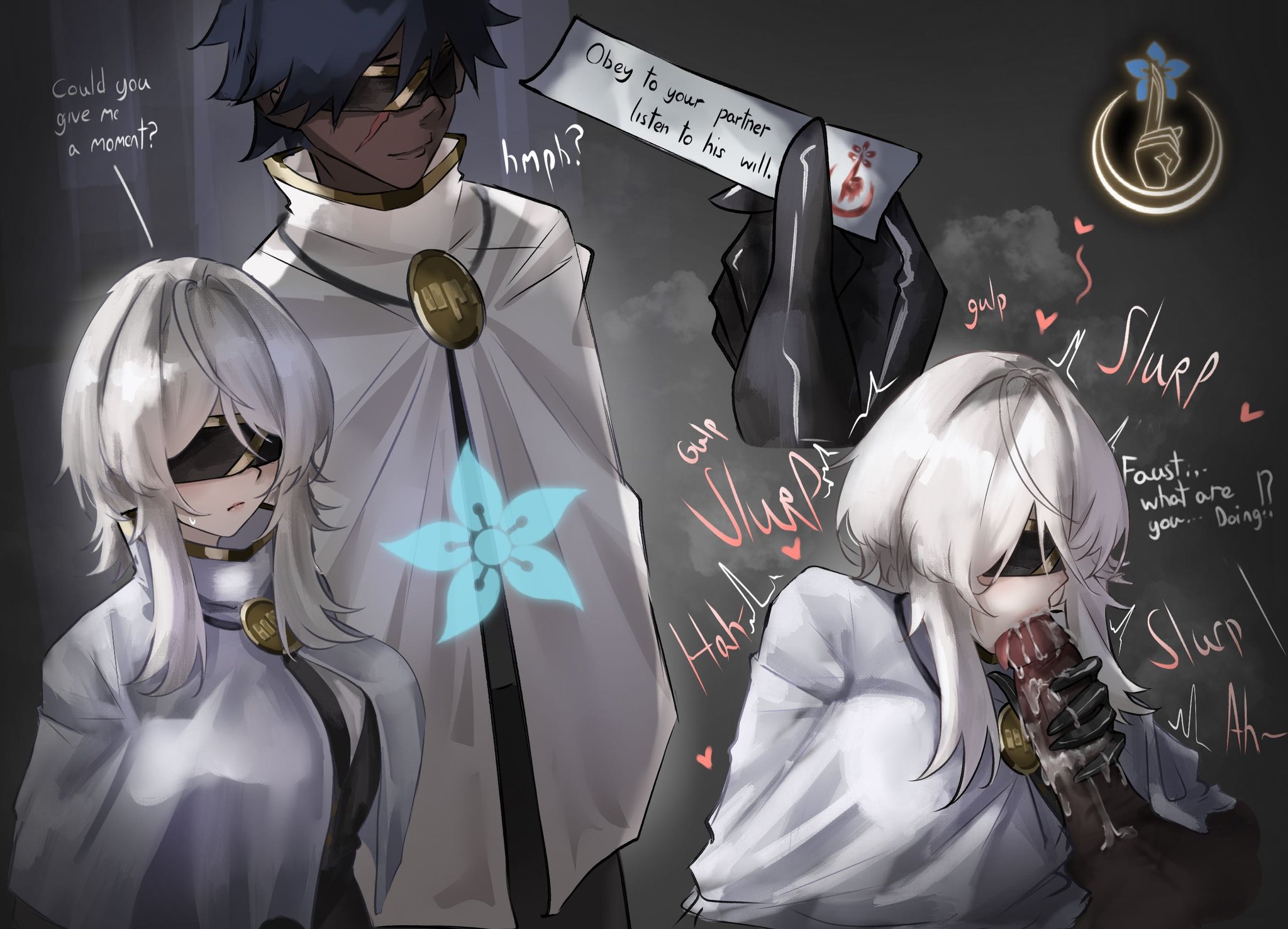 1boy, 1girls, big breasts, blindfold, blowjob, clothed, clothed female nude male, clothing, color, command, dark skin, dark-skinned male, dialogue, english text, faust (limbus company), female, female focus, filzzzz, gloves, heart, hypnosis, index (identity) (project moon), index faust, instant loss, instant loss 2koma, light skin, light-skinned female, limbus company, mind control, project moon, sloppy, sloppy blowjob, slurp, text, the index (project moon), twitter link, white hair