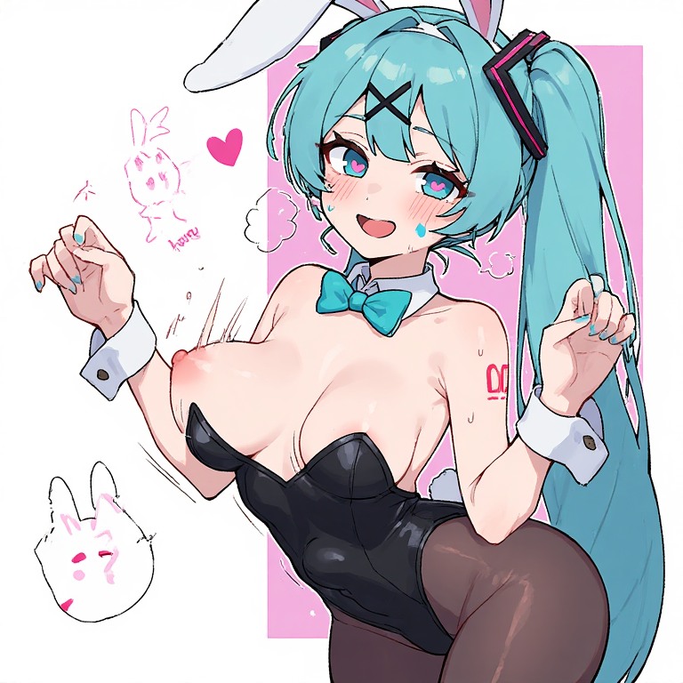 1girl, ai generated, animal ears, aqua bow, aqua eyes, aqua hair, aqua nails, bangs, bare shoulders, black leotard, blue bow, blue bowtie, blue eyes, blue hair, blush, bow, bowtie, breasts, breasts out, brown pantyhose, bunny ears, bunny girl, bunnysuit, covered navel, cowboy shot, detached collar, eyelashes, fake animal ears, hair ornament, hands up, hatsune miku, headset, heart, heart-shaped pupils, highleg, leotard, long hair, looking at viewer, medium breasts, nail polish, nipples, number tattoo, open mouth, pantyhose, pixiepuff, playboy bunny, rabbit, rabbit ears, rabbit girl, rabbit tail, smile, solo, strapless, strapless leotard, sweat, symbol-shaped pupils, tail, tattoo, twintails, two-tone body, two-tone hair, very long hair, wrist cuffs, x hair ornament