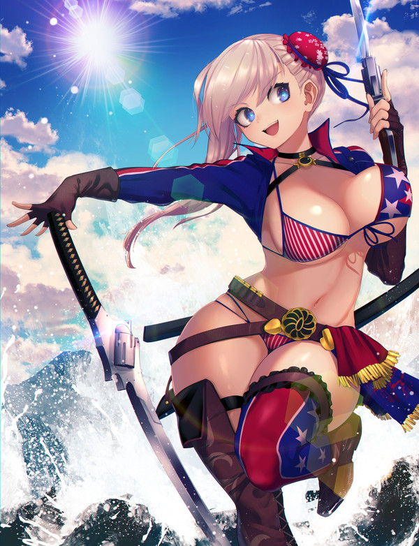 1girls, american flag, american flag bikini, american flag legwear, bikini, blue eyes, breasts, cleavage, fate (series), fate/grand order, female, female only, fingerless gloves, gloves, gun, hizake, human, kashu (hizake), large breasts, miyamoto musashi (fate), miyamoto musashi (swimsuit berserker), navel, outdoors, shiny, shiny skin, solo, swimsuit, sword, swords, thick thighs, thighs, weapon, white hair