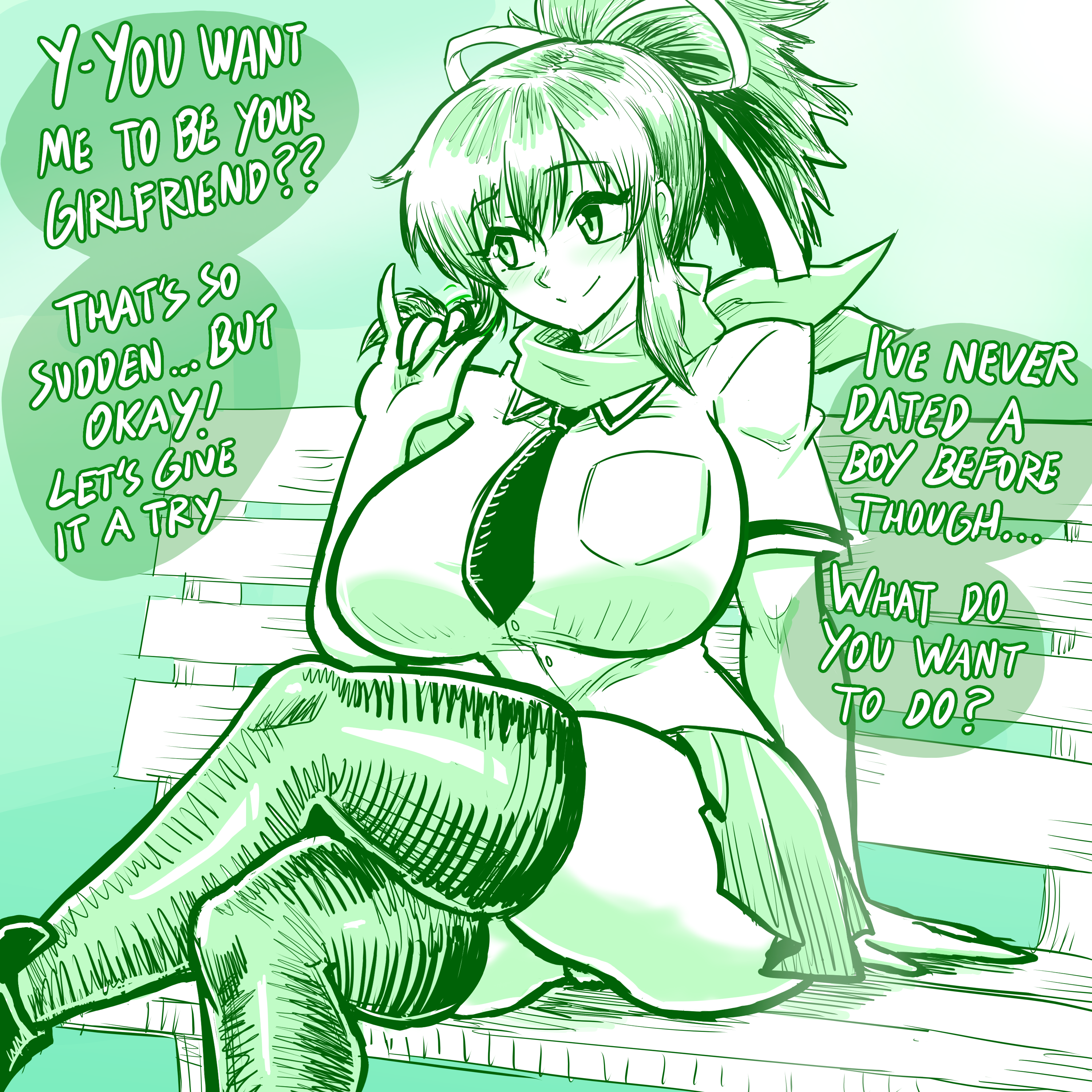 2d, asuka (senran kagura), bench, black hair, breasts, crossed legs, dark brown hair, english dialogue, english text, female, hair ornament, high resolution, huge breasts, large breasts, large tits, legs, monochrome, ponytail, propositioning, ribbon, scarf, school uniform, senran kagura, senran kagura (series), sitting on bench, sketch, skirt, solo, text bubble, thick thighs, thigh highs, thighhighs, thighs, tied hair, uncensored, vkid, white ribbon