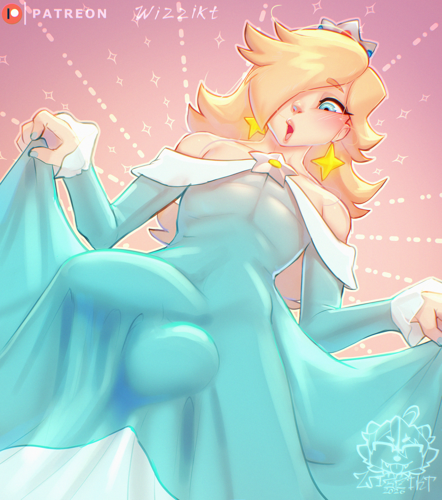 1boy, 2d, 2d (artwork), 2d artwork, big penis, blonde hair, blonde-haired male, blue clothing, blush, blush lines, blushing at viewer, blushing male, bulge, dress, earring, earrings, femboy, hair over one eye, hung femboy, hung trap, light skin, makeup, male, male only, mario (series), penis, penis bulge, prince ronaldo, princess rosalina, rule 63, solo, wizzikt