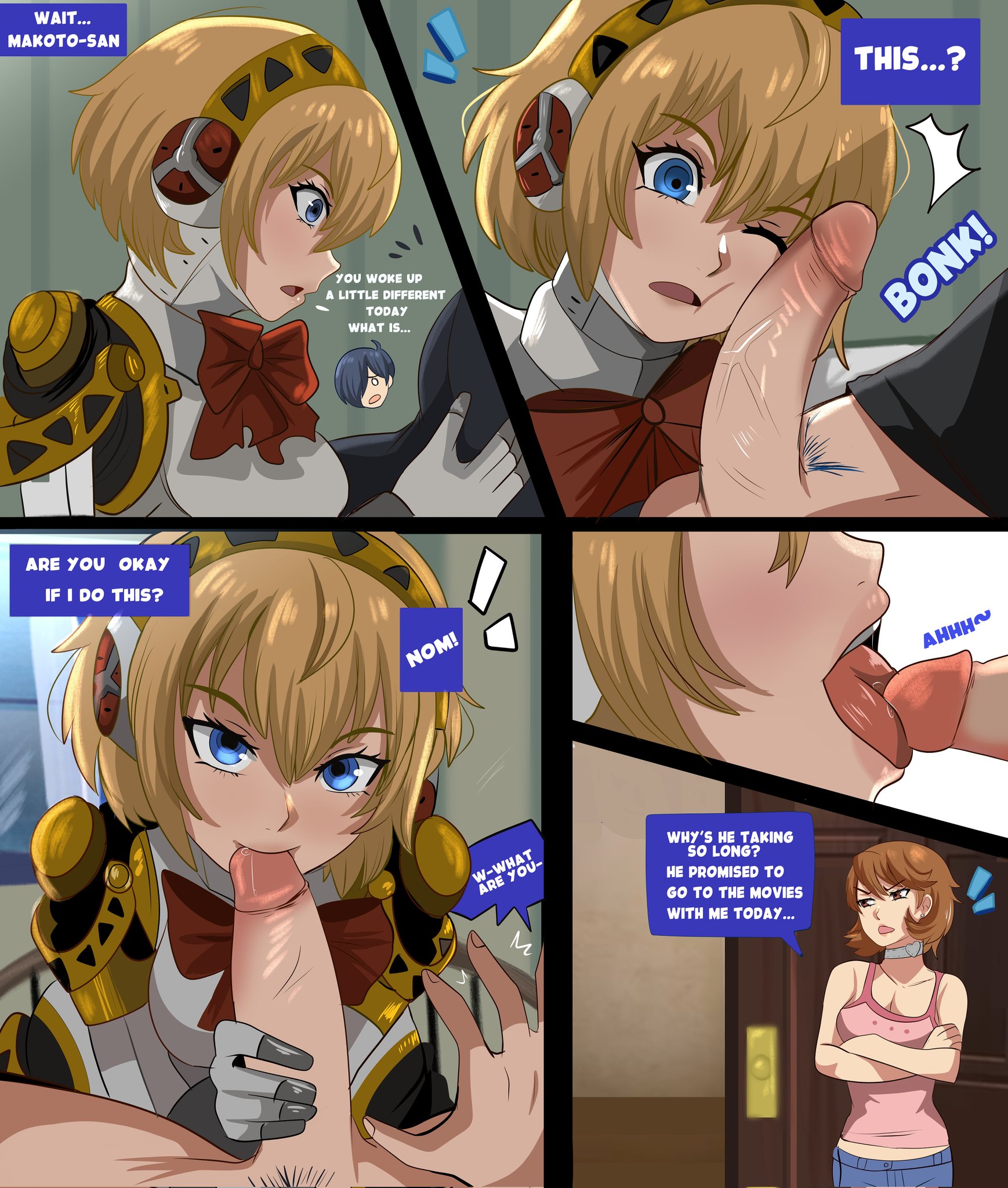 1boy, 2girls, 5koma, aigis (persona), blonde hair, blue eyes, brown hair, dialogue, english text, female, hi res, karbuitt, licking, licking penis, looking at viewer, makoto yuki, male, one eye closed, oral, penis, penis on face, persona, persona 3, persona 3 portable, persona 3 reload, robot, robot girl, speech bubble, tip sucking, yukari takeba, yukari takeba (summer casual)