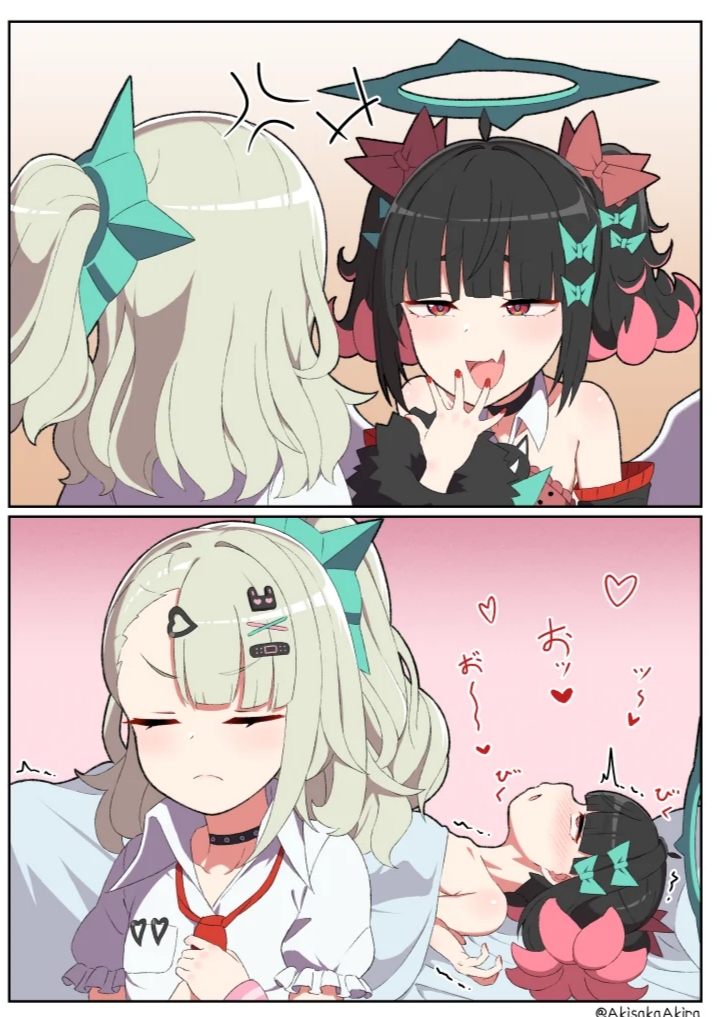 2girls, 2koma, after lesbian sex, after sex, akisaka akira, angels of delusion, artist name, artist request, before and after, blush, brat, bratty, bratty correction, female, female focus, female only, implied nudity, implied sex, implied yuri, long hair, medium hair, mesugaki, multiple girls, nangong yu (zenless zone zero), sheets, side ponytail, source request, sunna (zenless zone zero), twintails, yuri, zenless zone zero
