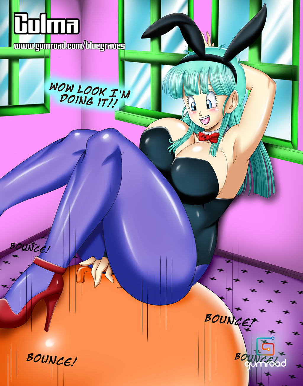 big_breasts blue_eyes blue_hair bluegraves bouncing breasts bulma_(bunny) bulma_briefs bunny bunny_ears bunny_girl bunnysuit cleavage clothed cosplay dragon_ball dress_up exercise_ball female female_only green_hair heels high_heels huge_breasts leggings motion_lines open_mouth pantyhose space_hopper teenager thick_thighs thighs voluptuous wide_hips yoga_ball