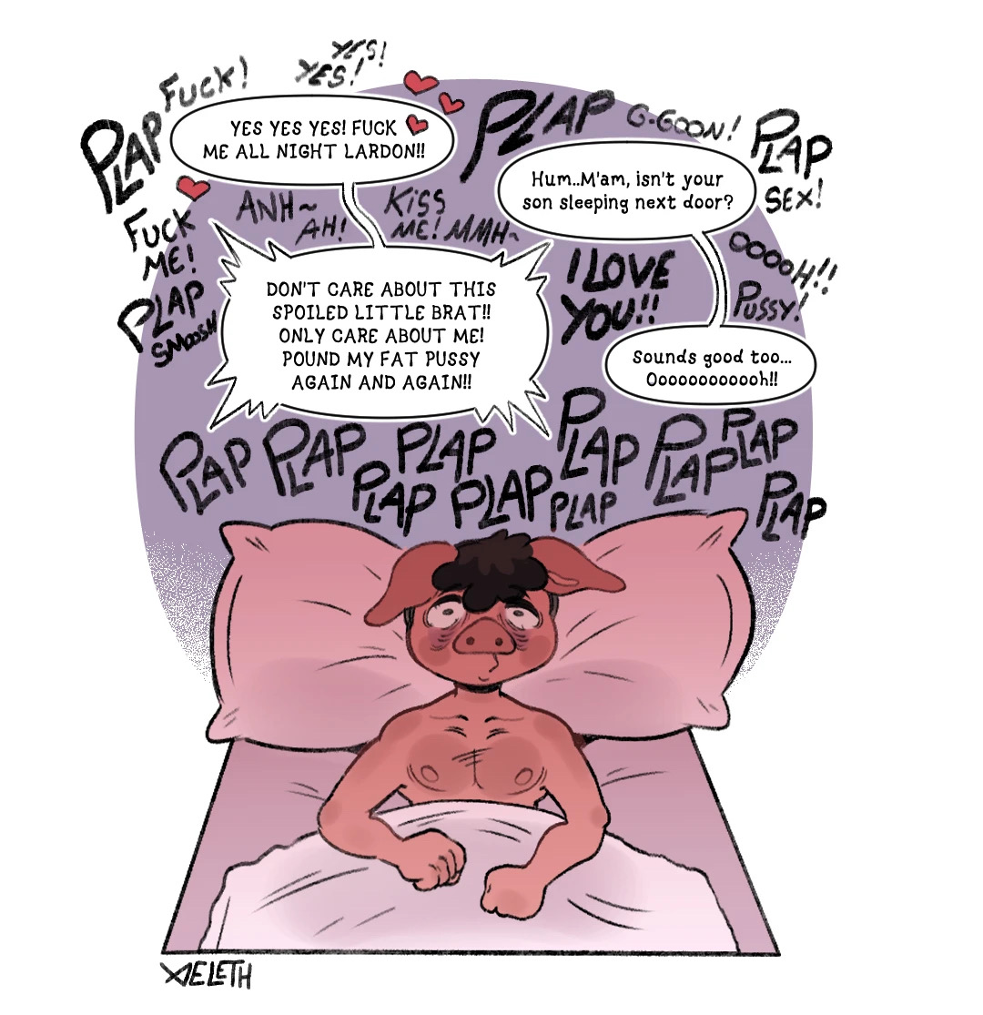 bed, bedroom, fucking pussy, loud sex, male/female, motherly cuckold, offscreen character, offscreen sex, pig, plap, sex, sex in bedroom, solo focus, solo male, tired eyes, xeleth