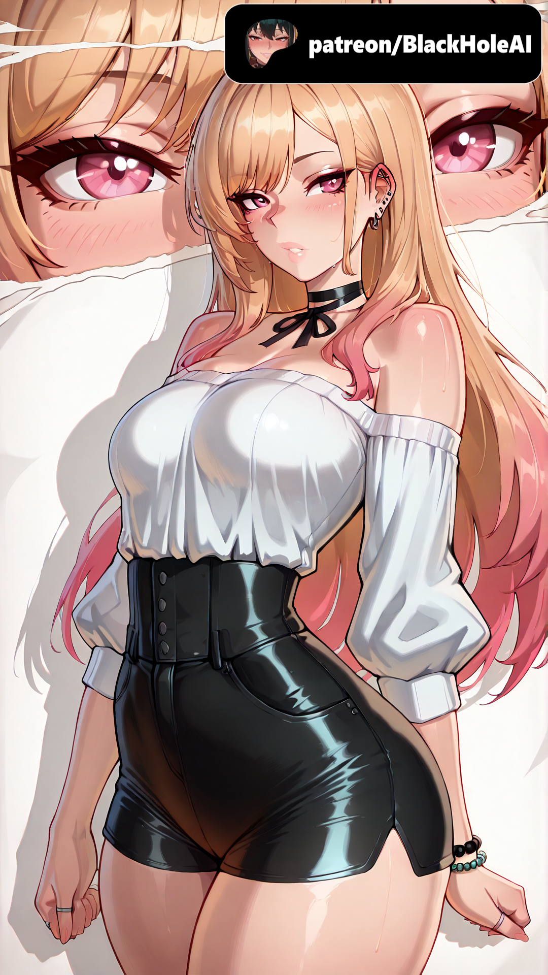 ai generated, black shorts, blackholeai, blonde hair, buttons, collar, female, female only, high-waist shorts, kitagawa marin, leather, leather clothing, leather shorts, marin kitagawa, my dress up darling, office clothing, office lady, patreon, patreon link, patreon logo, patreon url, patreon username, pink eyes, pink hair, shorts, sono bisque doll wa koi wo suru, two-tone hair, white shirt