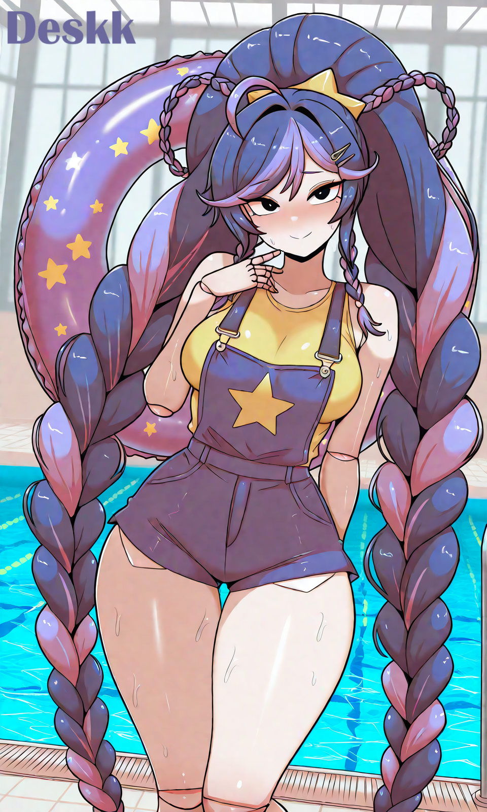 ai generated, artist name, blush, braid, braided ponytail, breasts, deskk, doll, dripping sweat, female, hi res, in love, jointed limbs, lily lovebraids, long hair, looking at viewer, pool, poppy playtime, purple hair, shorts, smile, solo, sweat, top, white purple braids, wide hips