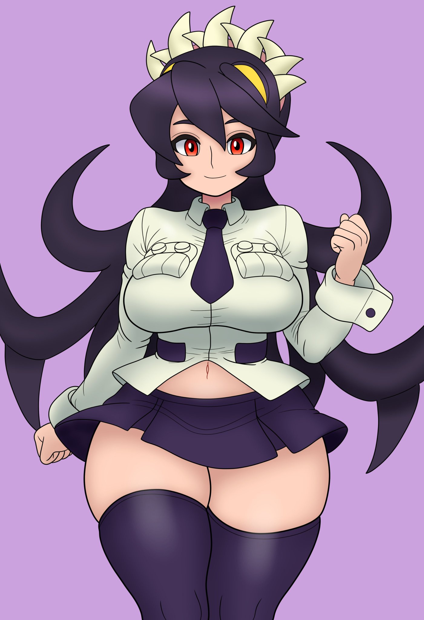 1girls, big breasts, black hair, black thighhighs, bojack198, breasts, female, filia (skullgirls), long hair, red eyes, samson (skullgirls), school uniform, schoolgirl, skullgirls, thick thighs, thighhighs, thighs