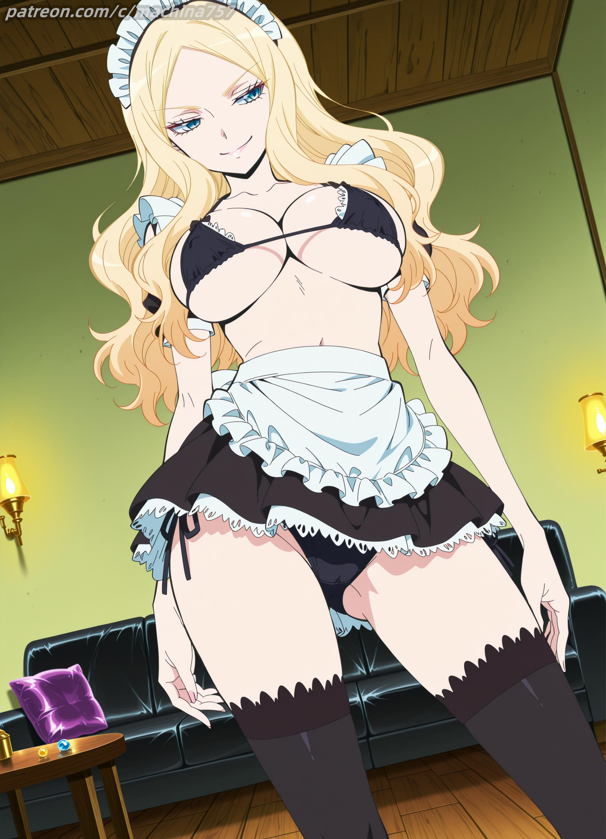 ai generated, assassination classroom, big breasts, bikini, blonde hair, irina jelavic, machina ai, maid outfit, maid uniform, smiley face, standing