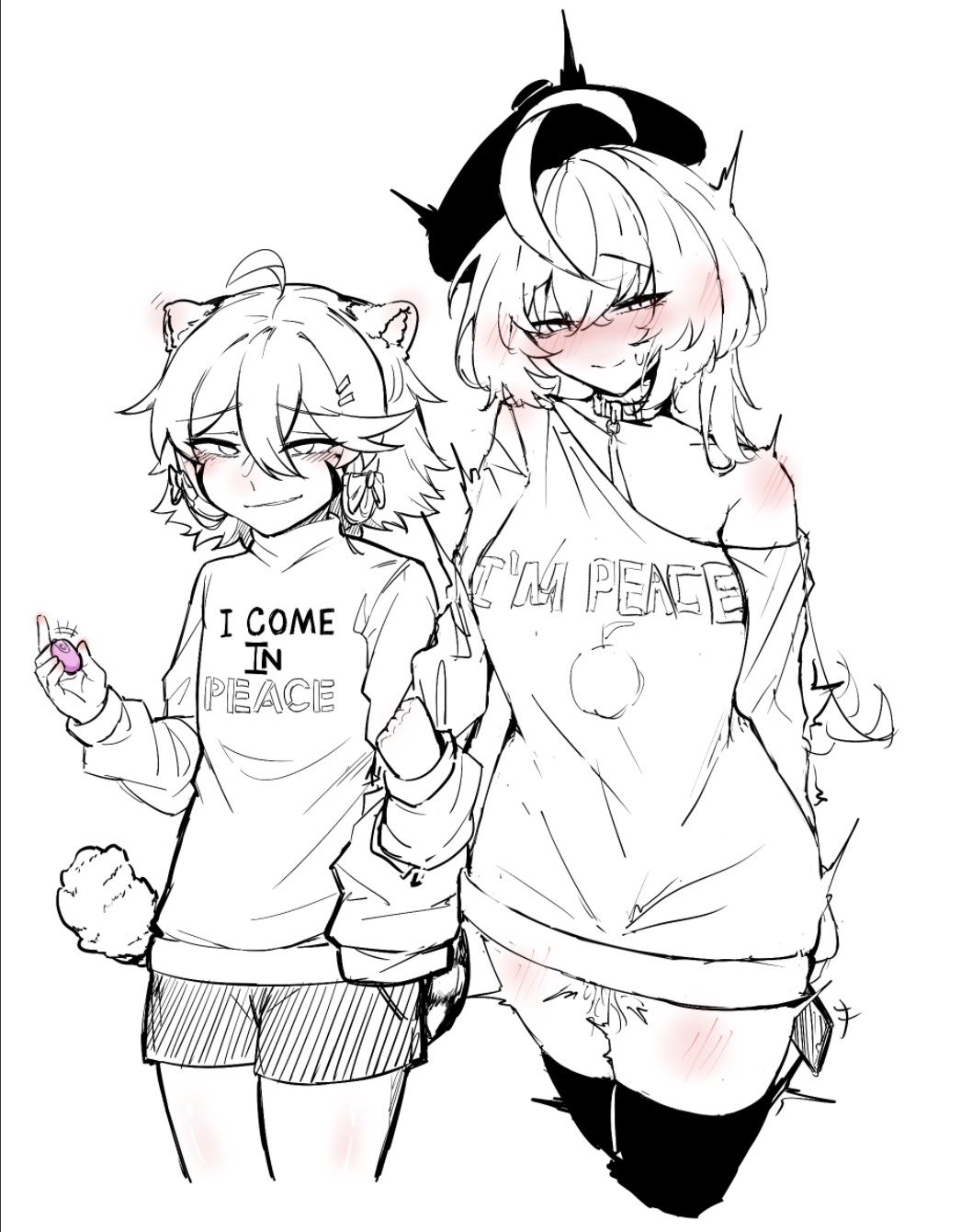 1boy, 1girls, ahoge, blush, collar, cum, cum in pussy, cum inside, female, female focus, filzzzz, hat, i come in peace, kizune kaisel, legwear, male, matching outfit, monochrome, one shoulder exposed, original, original character, shorter male, sketch, taller female, tremble spikes, twitter link, vibrator, vibrator in pussy, white background